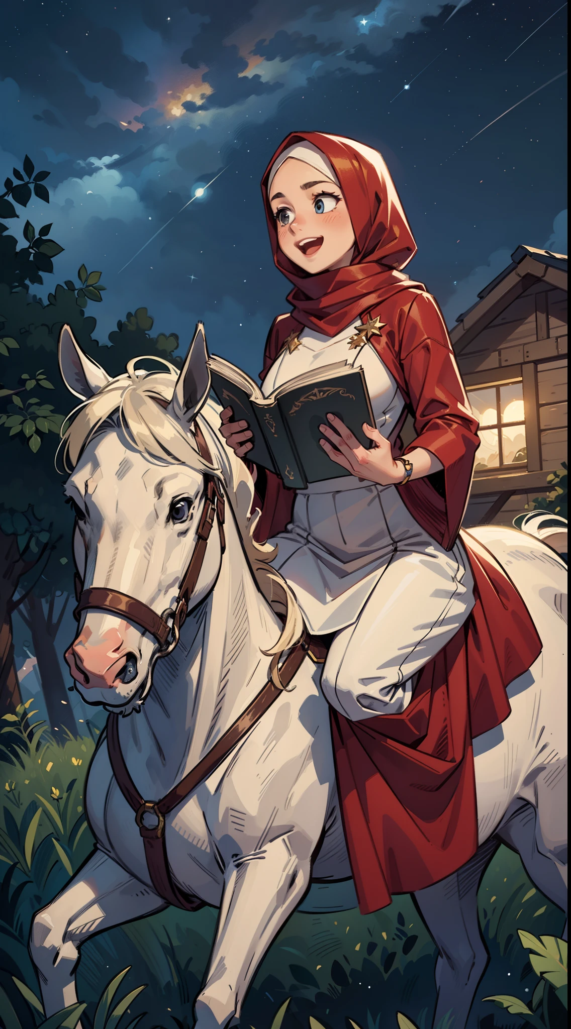 A hijab girl in a long and oversized red and white outfit, reading a book while riding a white horse under a starry night sky. Happy and surrounded by nature. Ultra-detailed illustration with great lighting and a clear image.