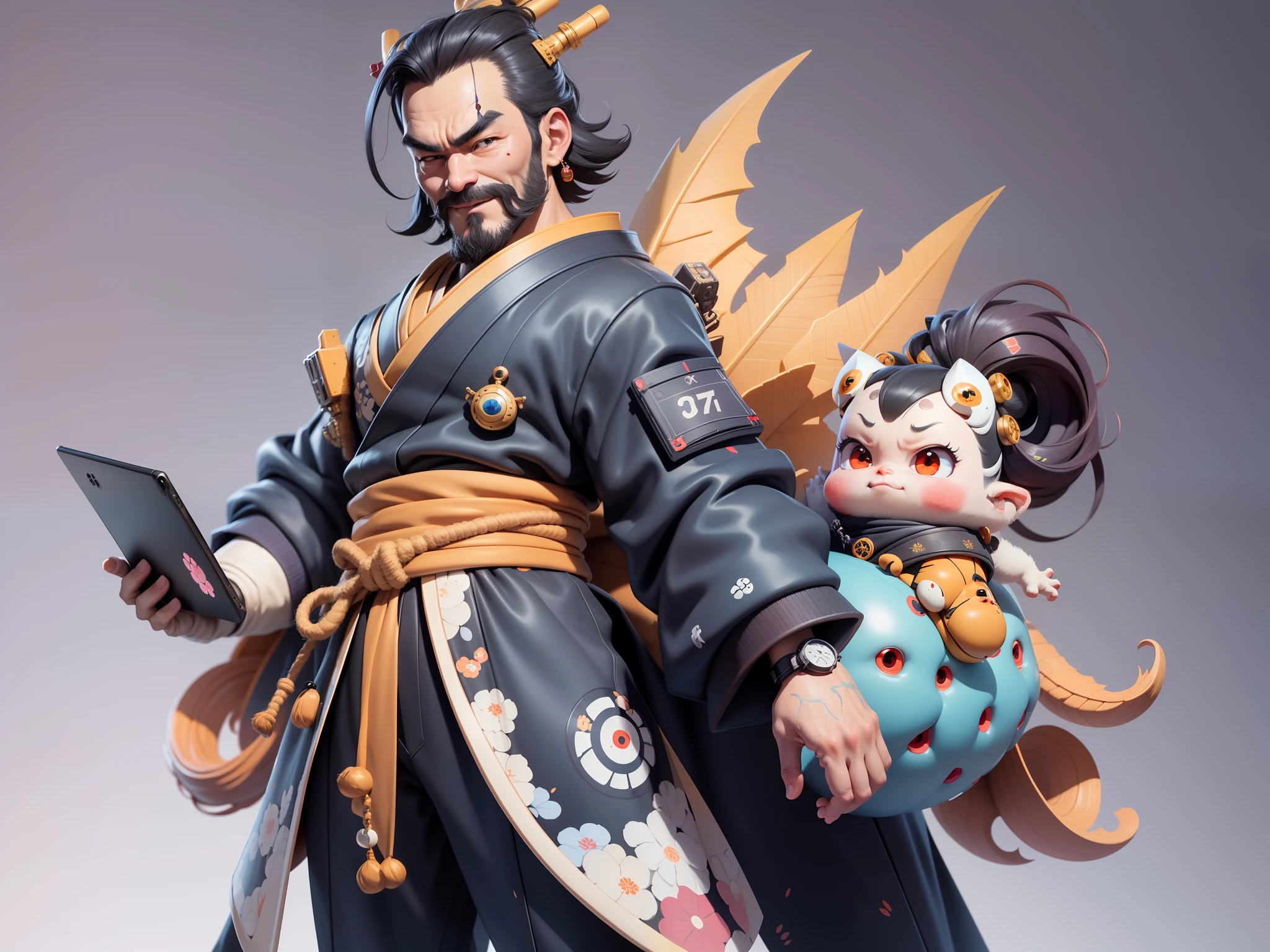 (Daisaku),(Need),(Super meticulous),(full bodyesbian:1.2),Japanese ukiyo-e girl,japanese geisha,Beautiful,Oriental dragon,Aeolian Thor,Raised sexy,爆乳,Oriental face,TV Anchor,Bust portrait illustration,Alone,In black suit,a blue tie,The face is slightly chubby,The face was clean,without a beard,Black super short hair,Black eyes,Smile confidently,3C computer sub-products,iPad, iphone,Digital painting,3D character design by Mark Clairen and Pixar and Hayao Miyazaki and Akira Toriyama,The illustration is a high-definition illustration in 4K resolution,With very detailed facial features and cartoon-style visuals。