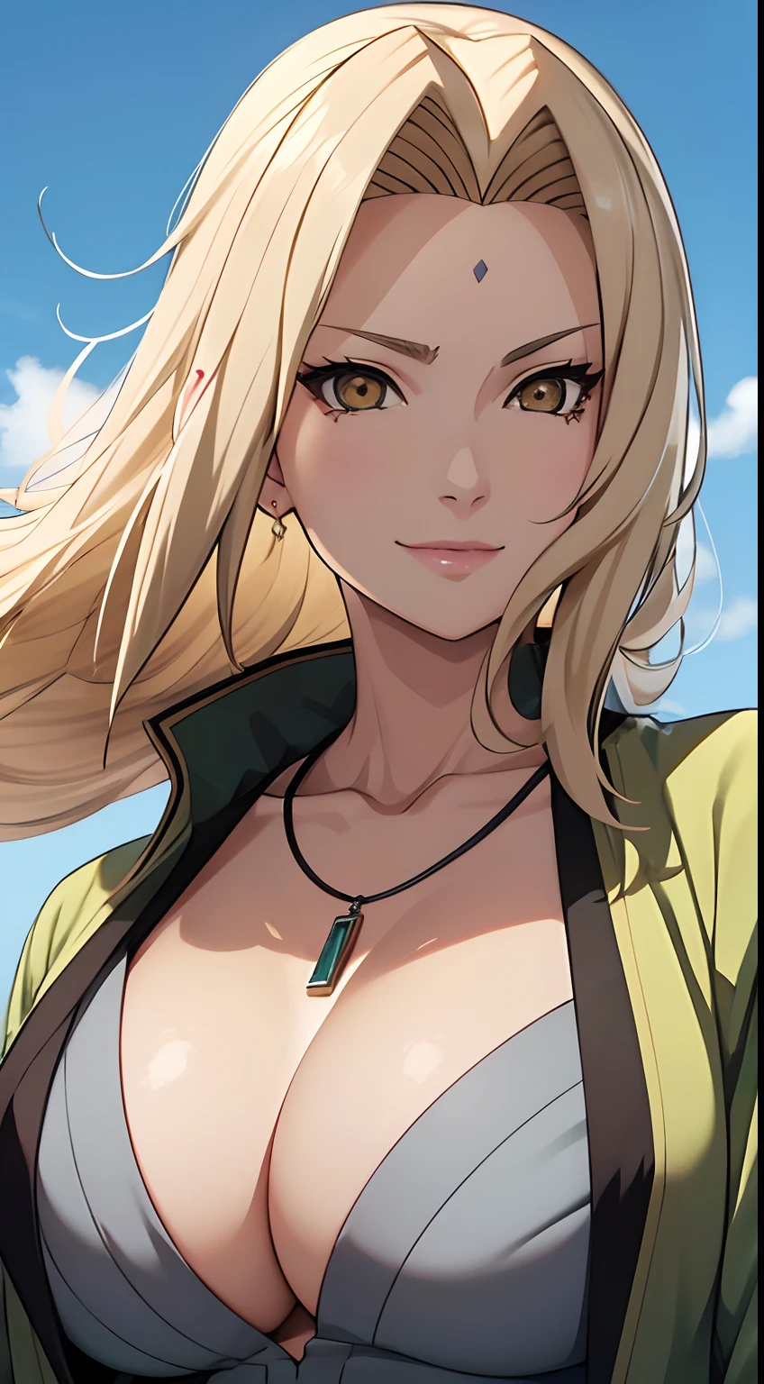 tmasterpiece，blond hairbl，Green coat，Golden eyes，ssmile，slightly fat big breasts，Be red in the face，Upwind and drooping，best qualtiy，The is very detailed，Bust photo，Get close to the lens，Top-down view，with a good figure