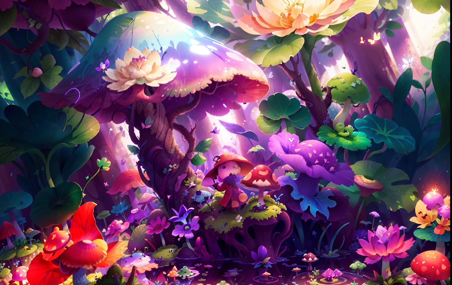 Mushroom forest with glass goblet，s fractal art，morning glory，butterflys，lotuses，four-leaf clover，frogs，snail，，Cyber Mushroom Forest，Ultra-detailed digital fantasy art。Mushrooms are everywhere in the picture，The unique mushroom shape creates a magical casa scene