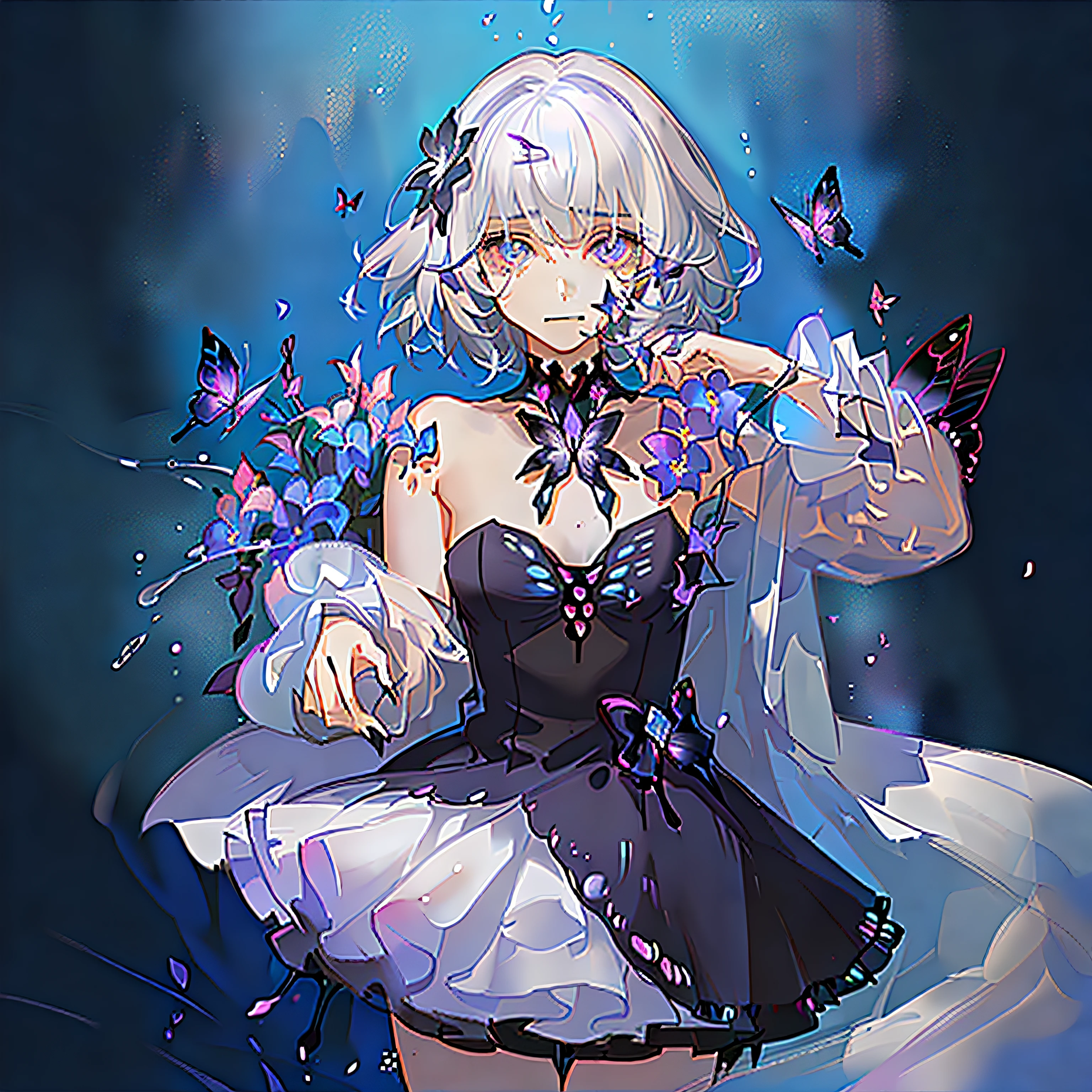 a color, Hitch,(Surreal:1.3), (color difference), (Beautiful young woman:1.4), (streaming tears), Sad, (Butterflies:1.2), (Blue-purple flowers), view the viewer, Partially submerged, hand on own face, Topless, (White hair, Short hair, bangs:1.2), hair flower, (Glowing eyes), Smirking, Ripples, Dark water, Black background, (prisms), glitters, holograph,