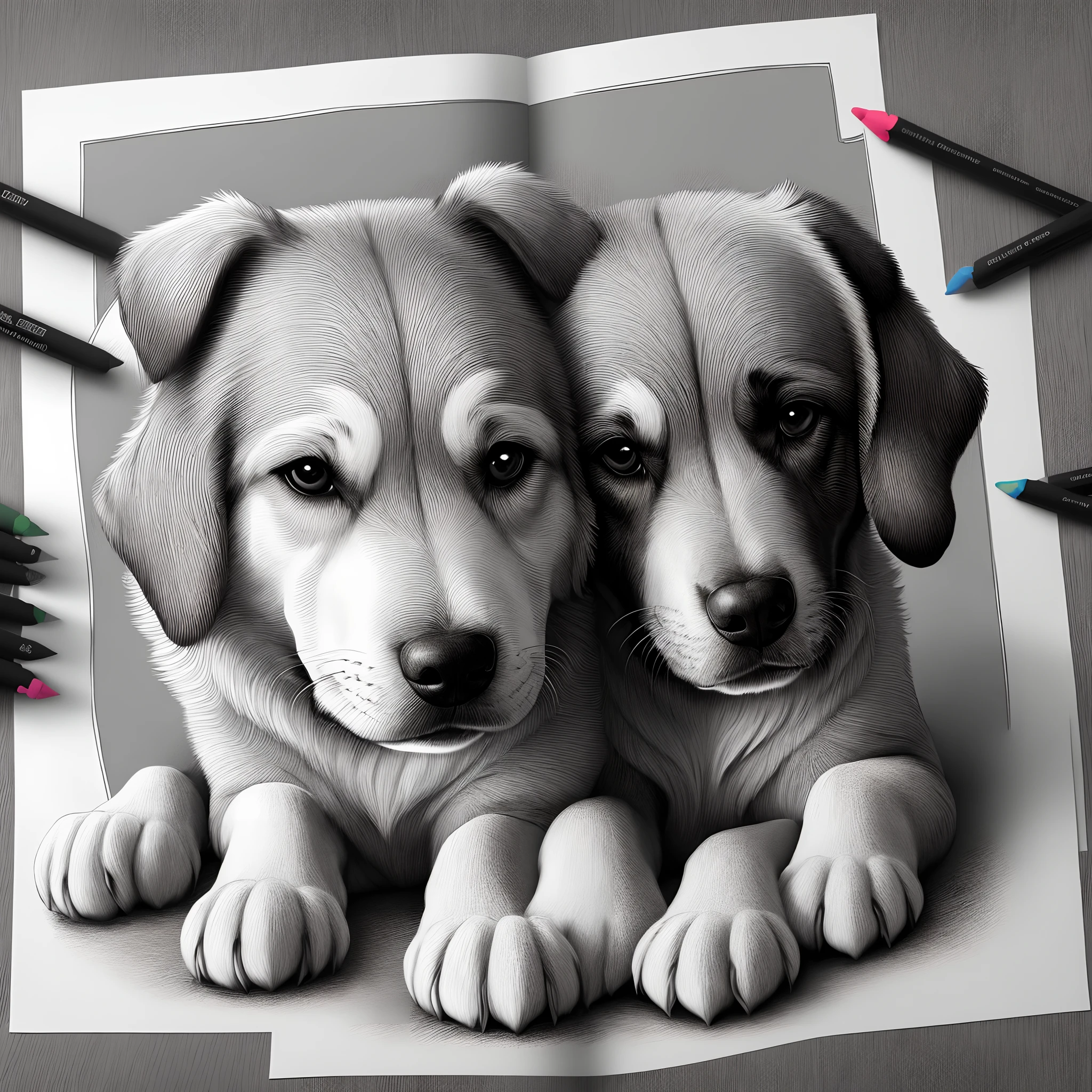 100
Black and white coloring book page of a dogs