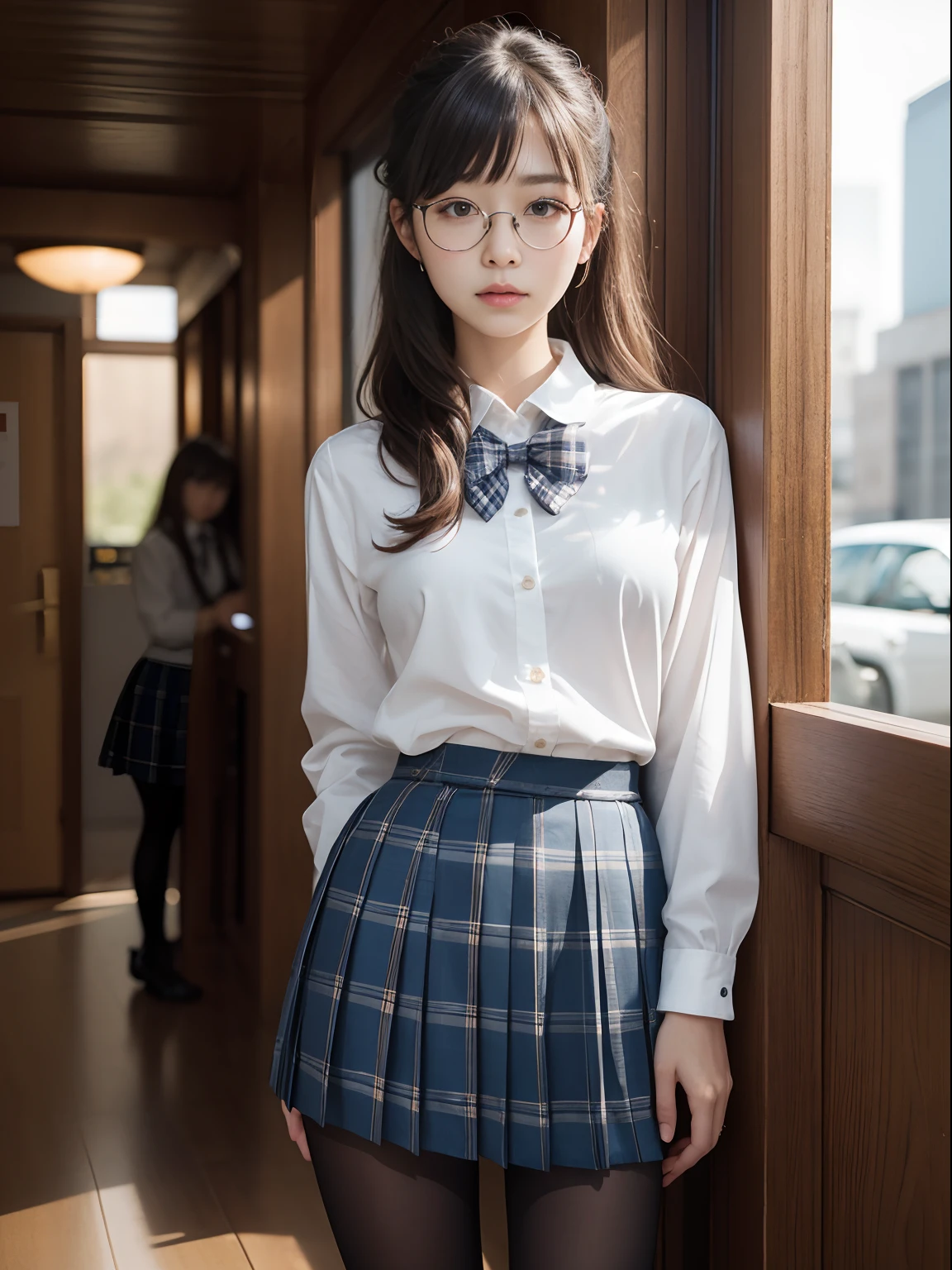（8K、Raw photography、top-quality、​masterpiece：1.2),Hanging,watching at viewers,Looking at the front,Tie a side ponytail,Letting your hair flow to your chest,Bullish,Muchimuchi,Erotic,Pupils,Light Blue Bra,de pele branca,kne,(Black pantyhose),absurderes,a small face,small tits,flat breast,Parting the bangs from the middle、Forehead visible,(a cold expression,Tight eyes,glares,Bullish,skinny,Rasping,irate)、​masterpiece,top-quality、超A high resolution,Raw photo,ren,Beautiful fece,One Person, 独奏,eye glass,,Dark look,Small breasts,fullllbody,Round glasses、cute little、Back to Student,JK school uniform,hi-school girl,A Japanese Lady,is standing,（Photorealsitic：1.37）、Photon mapping,Realistic、Cute little face,Brown-eyed、Black socks、(Red bow tie)、Radio City、Physically Based Rendering、Foreground、depth of fields、Blurry background、a picture,The girls、Body,beauty legs, Long legs, Thin leg,Tie your hair into one strand on your chest,(Bangs are visible), hair, s lips, Blue_The eye, nosesoft,(Light blue shirt), (Navy and blue and white plaid pleated skirt), Knees are visible,Sheer clothing,, Thigh, Black cotton socks,Nogizaka Idol, 女優, Japanese ido