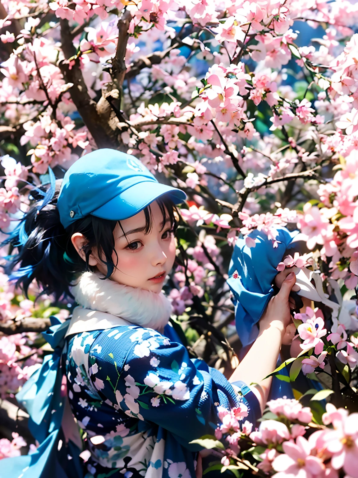 A woman in a blue hat is chopping a branch, personal profile picture, profile photo, Profile image, Profile picture, Middle metaverse, Chiba Yuda, song nan li, xintong chen, clubs, kazue kato, trending photo, sakura season, author：Li Zai, inspired by Cui Bai