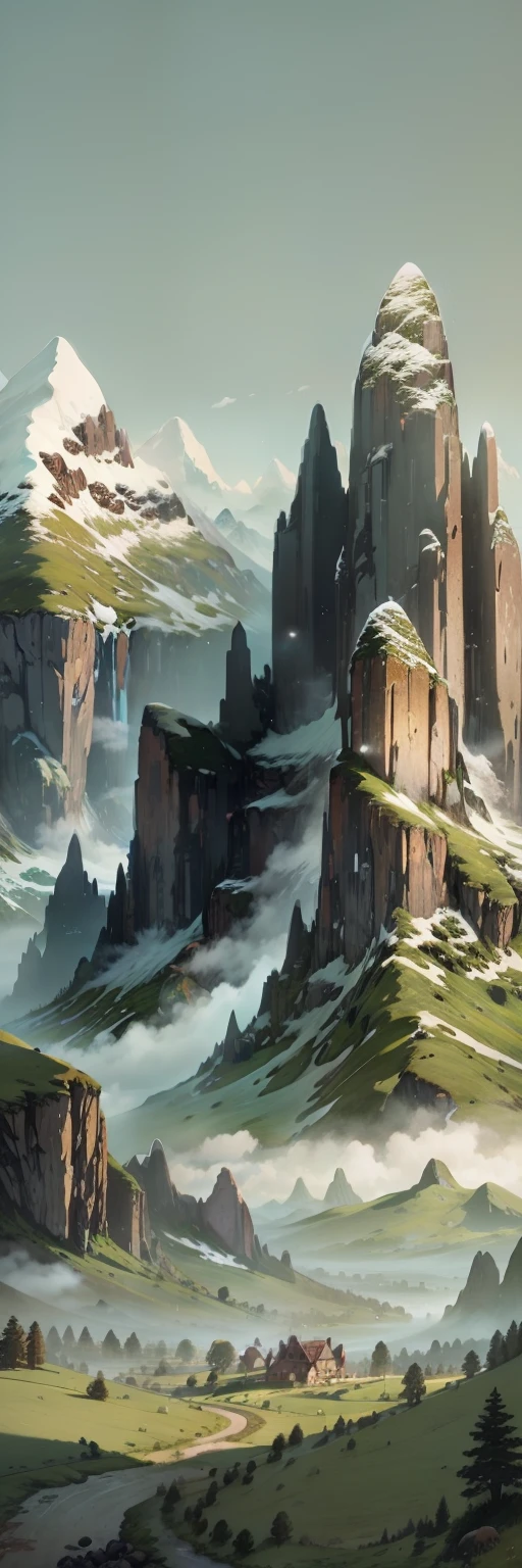 landscape, giant RPG dices on a green field with mountains on the background