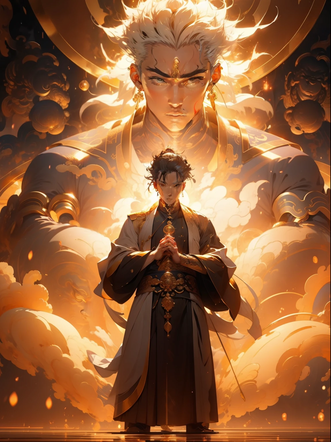 A character stands in front of a golden Taoist priest