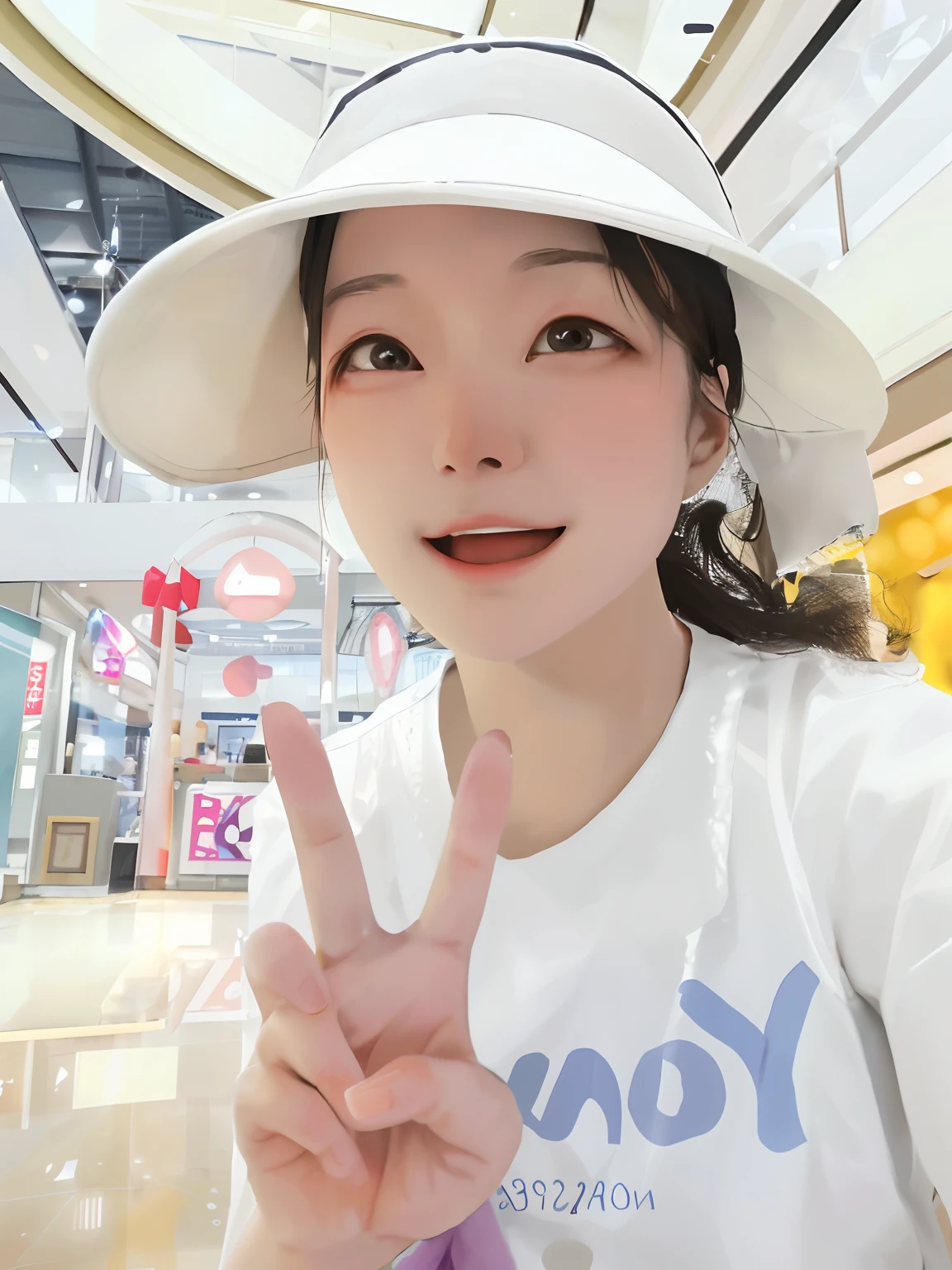 There is one wearing a white hat，Woman holding a peace sign, 8k selfie photograph, wearing a cute hat, with hat, wearing a travel hat, appearing in a shopping mall, xintong chen, with cute - fine - face, She wears a cap, 2 8 years old, 2 7 years old, 3 2 - year - old, zeng fanzh