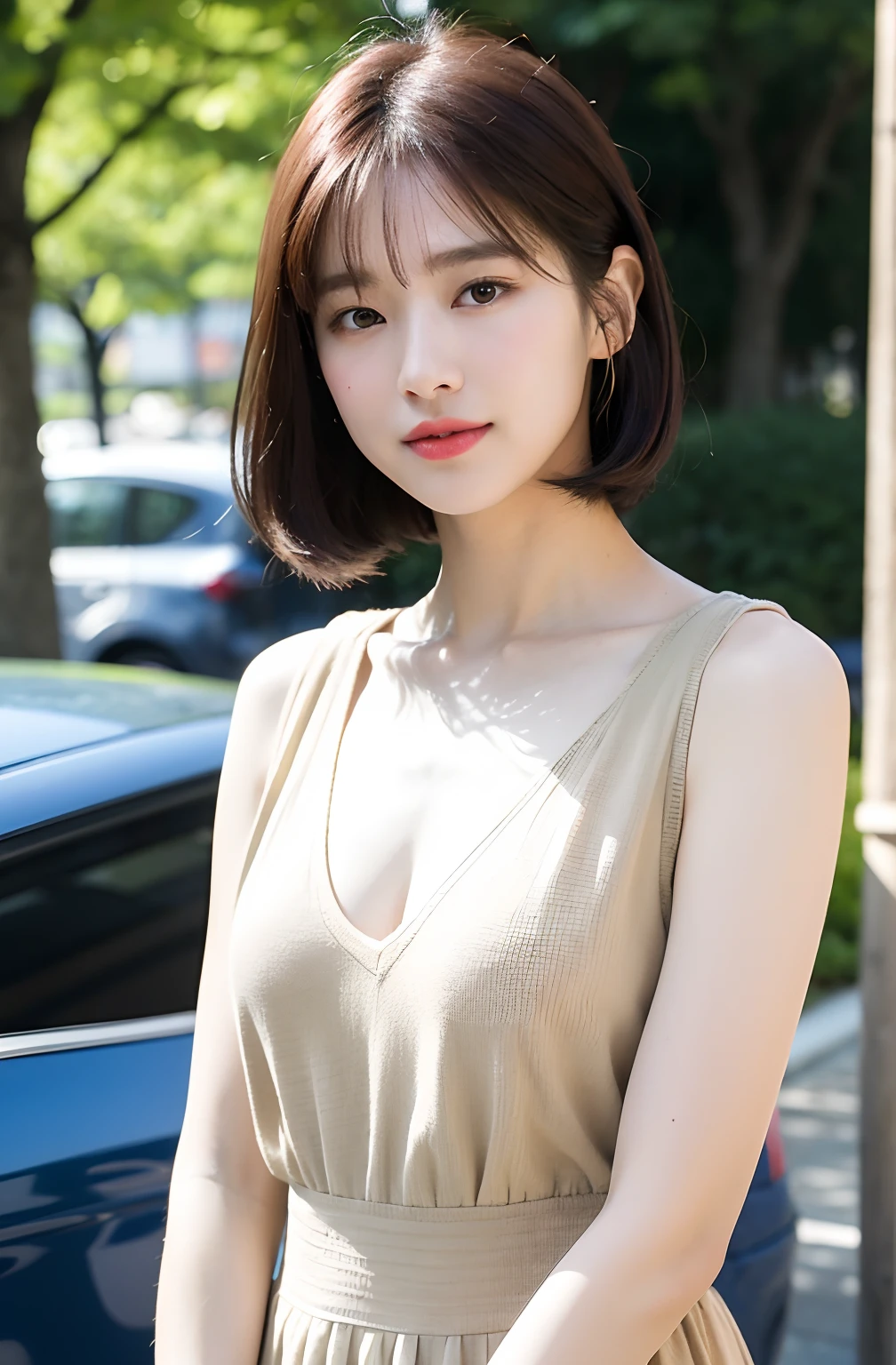 ((8K:1.27)、top-quality、​masterpiece、超A high resolution:1.2)Photo beautiful Chinese woman(pleasing:1.1) (The shirt:1.21) Elegance、There is a good、Gradient lighting、1girl in、Delicate skin、Look here、Brown-eyed、(short hair with bangs:1.2)、(Medium chest:1.0)、(medium areola:0.8)、(realisitic:1.4)、(top-quality:1.0)、(超A high resolution:1.0)、8K、Raw photography、(​masterpiece:0.2)、(pureerosface_v1:0.5)、 You can clearly see the shape of the chest、Halter neck sweater、halterneck、Sleeveless、Beige、moderno、Sleeveless、Kamimei、excited expressions、Red cheeks、want me、Staring at this、erect through、the morning sun、The sun is dazzling、Omotesando、Street Trees、Fashionable city、subject、Lean、、Watched、smil、