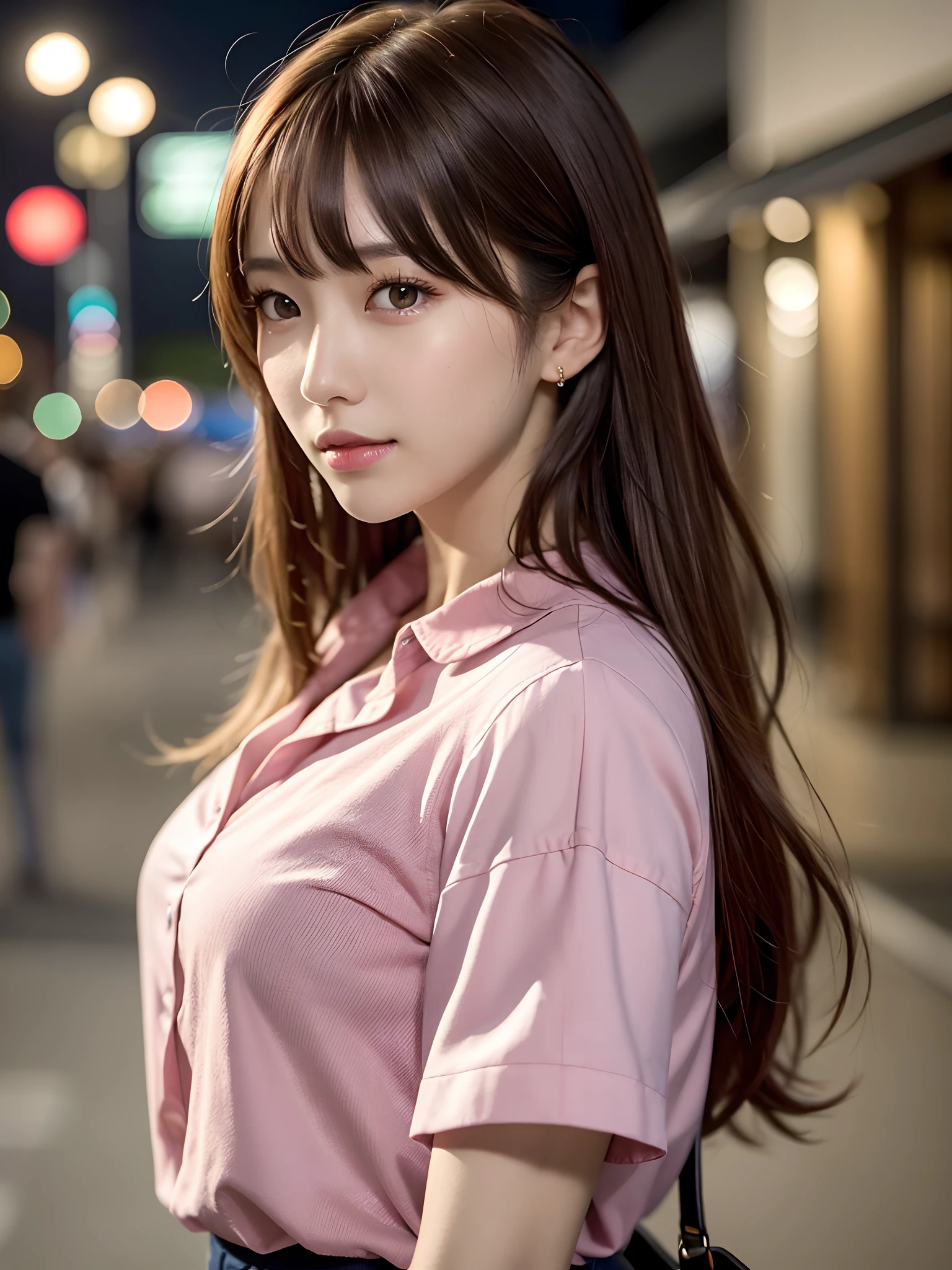 product quality, 1 girl per 1 photo, upper body shot, front view, a Japanese young pretty girl, long bob hair, wearing a marriage ring, night time, wearing a short sleeves collared pink blouse, wearing light brown pants, standing at a crowded wharf with a big smile, a shoulder bag, hyper cute face, glossy lips, double eyelids for both eyes, natural makeup, shiny smooth light brown hair of long bob hair, asymmetrical bangs, tanned skin, central image, 8K resolution, high detail, detailed hairstyle, detailed face, cinematic lighting, octane rendering, hyper realistic, perfect limbs, perfect anatomy