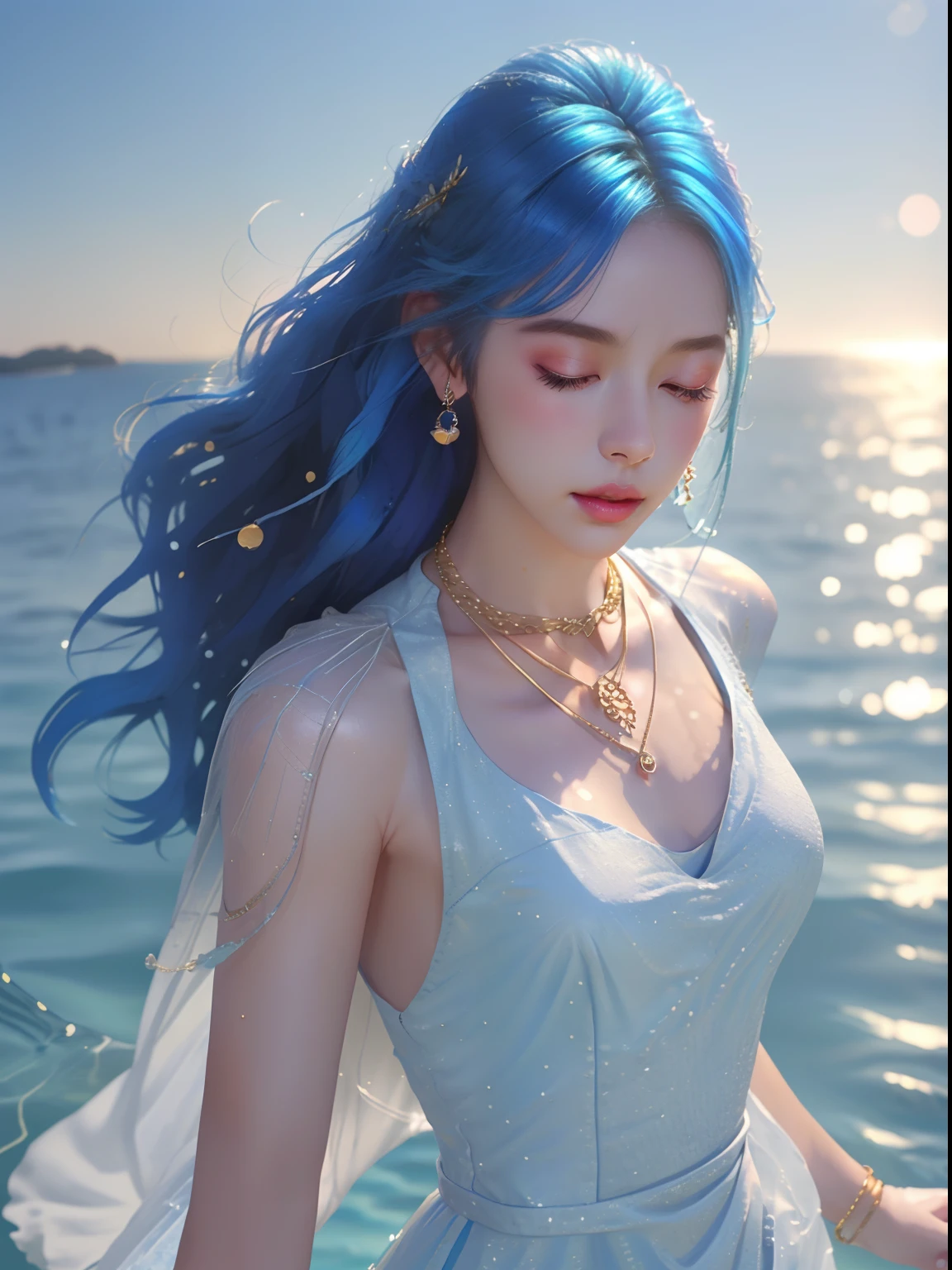 1girl in, Solo, Blue hair, (Swimming), (ocean), makeup, pink lipsticks, Parted lips, Closed eyes, Long hair, hair messy, Cute, Ultra-detailed, Illustration, Convoluted, Detailed, Extremely detailed, Detailed face, Soft lighting, Soft light, Soft Focus, Perfect face, Beautiful, accurate anatomy, Overexposure, 8K, 4K, (hight resolution:1.1), Best Quality, (masutepiece:1.3), (waist-up:1.1), flat chest, earrings, Gold Jewelry, Gold necklace, spark of light, Glow, (From below:0.5), Blue sky, ocean, llight rays, (White Dress:1.2), Wind