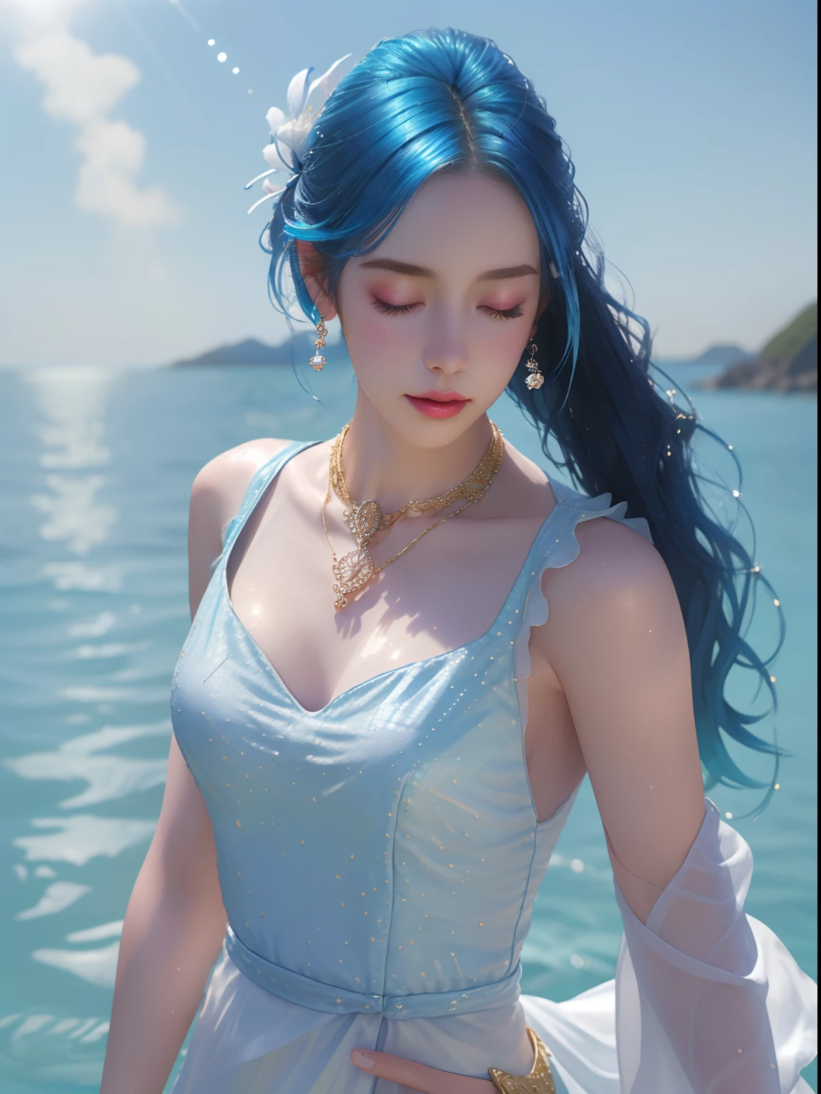 1girl in, Solo, Blue hair, (Swimming), (ocean), makeup, pink lipsticks, Parted lips, Closed eyes, Long hair, hair messy, Cute, Ultra-detailed, Illustration, Convoluted, Detailed, Extremely detailed, Detailed face, Soft lighting, Soft light, Soft Focus, Perfect face, Beautiful, accurate anatomy, Overexposure, 8K, 4K, (hight resolution:1.1), Best Quality, (masutepiece:1.3), (waist-up:1.1), flat chest, earrings, Gold Jewelry, Gold necklace, spark of light, Glow, (From below:0.5), Blue sky, ocean, llight rays, (White Dress:1.2), Wind