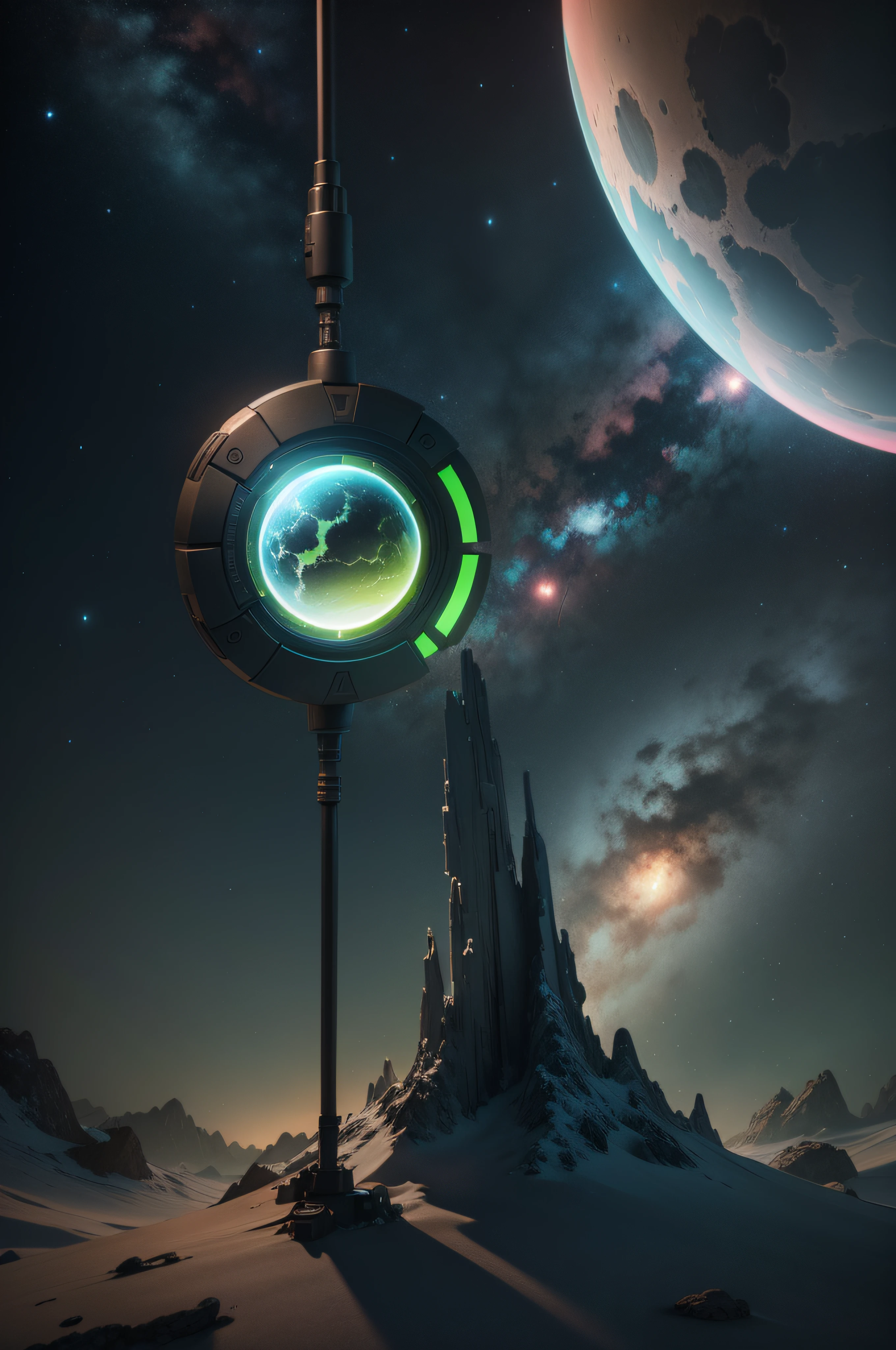 portal made of nebulae with fluorescent green tones fluorescent orange and fluorescent pink tones with rays and micro molecules composing the portal, outside the portal the universe with several planets, in the middle inside the portal another totally different universe, 3d rendering, 8k resolution, unreal engine, octane rendering, hyperrealistic, photorealistic, dynamic lighting, highly detailed, cinematic landscape, studio landscape, studio lighting, medium close up, medium shot, highly detailed, trending in