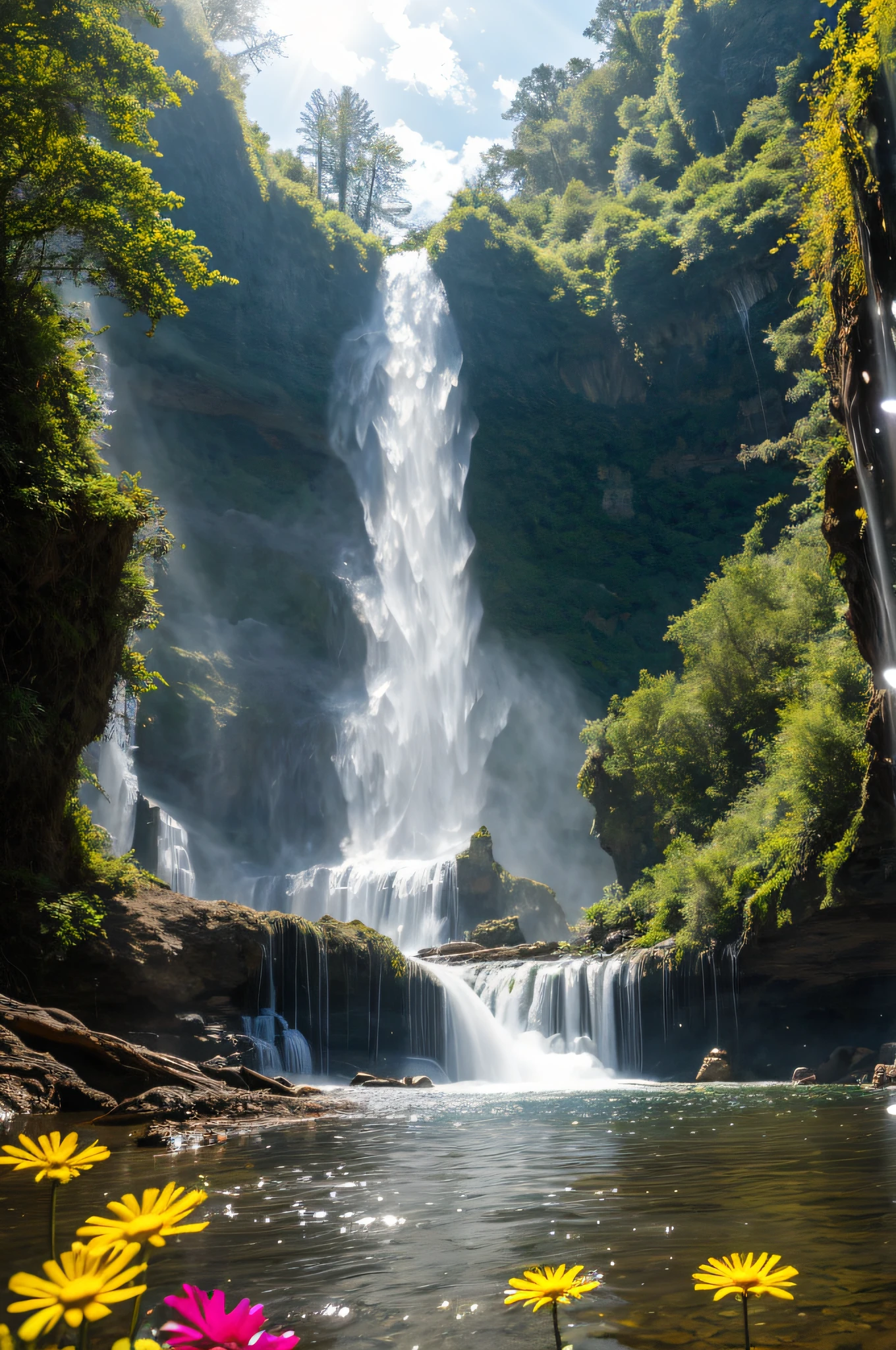 (Big waterfalls) butterflies, unicorn, fantasy, mermaids, forest, cliffs, wildflowers, fairies, hotsprings, Cinematic RAW photo, hyper real photo, ultrarealistic, 8k uhd, dslr, soft lighting, high quality, film grain, Fujifilm XT3, photographed on a Kodak Retina II Sanyo Xacti VPC-CA6, 50mm lens, Wide Angle, Sunrays shine upon it, HDR, hyper-realistic, colorgraded, volumetric lighting, [volumetric fog, moist], shallow depth of field, reflections, photo, deep water floating sparkling splashing rainbows, waves, flowing, glistening, iridescent, rainbow, glimmering, flowers, foam, wet, dripping, splashing, crystal jewels, treasure, steam, water, (masterpiece) (best quality) (detailed) (8k) (HDR) (wallpaper) (cinematic lighting) (sharp focus) (intricate)