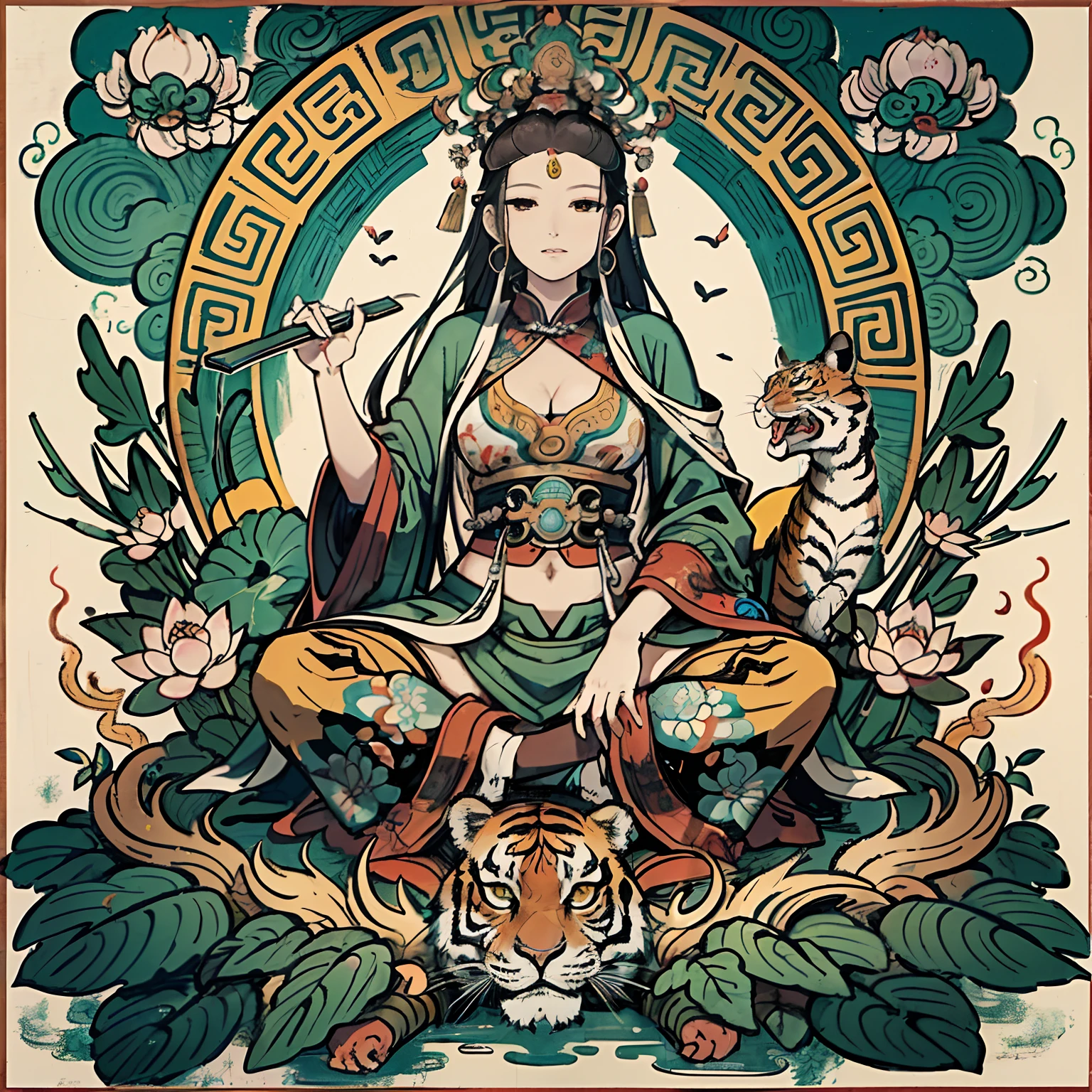 an ancient Chinese goddess, guanyin of the southern seas, Guanyin, Inspired by India, Avalokiteshvara rides a tiger,Serene expression,shui mo hua,Buddha,Buddhist,Lotus,Chinese painting style,Thangka style