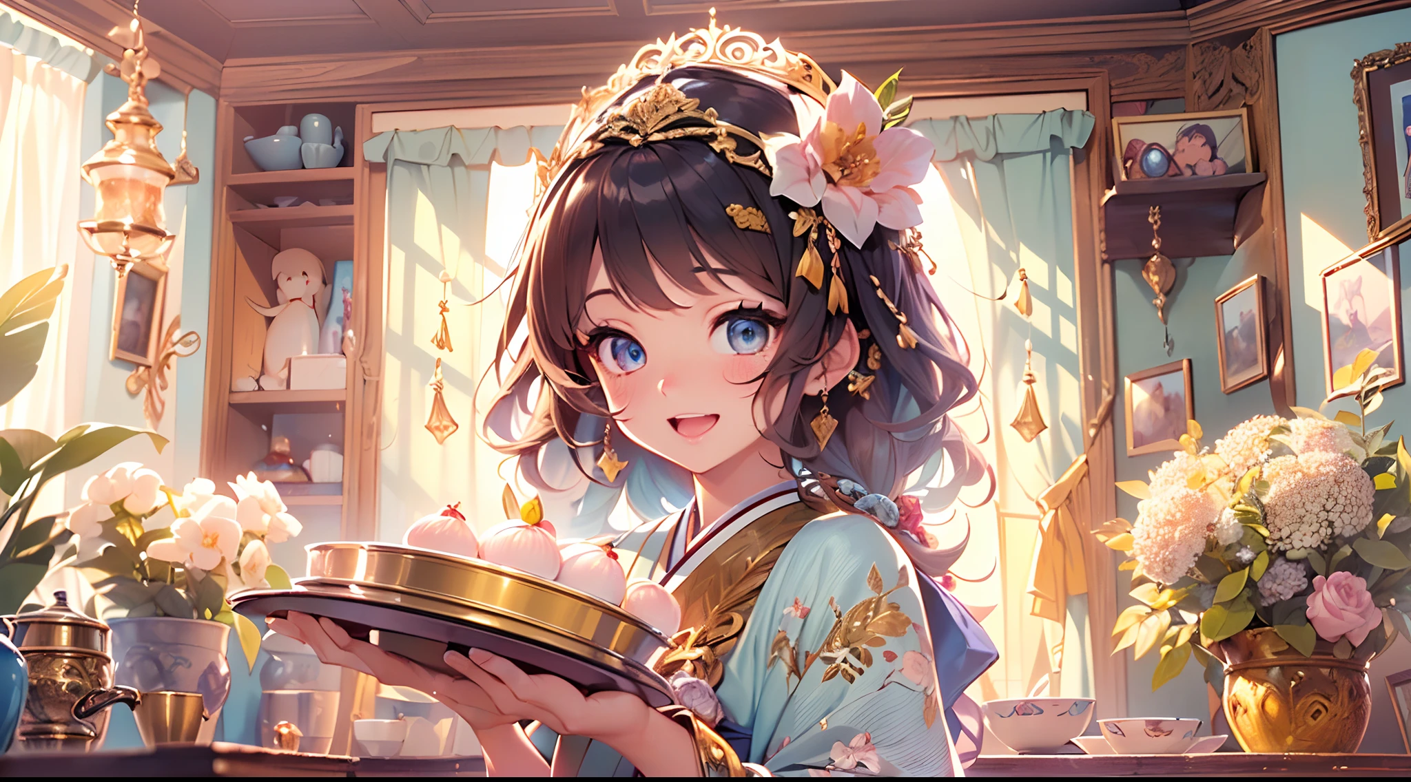 (Masterpiece, top quality, super detailed CG, ultra detailed beautiful face and eyes,super detailed, intricate details:1.2), 8k wallpapers, elaborate features,
(1 person, solo:1.4)perfect cartoon illustration1 girl, cute face, laughing with tray raised above her head, blushing, shy, Japanese room, full body illustration