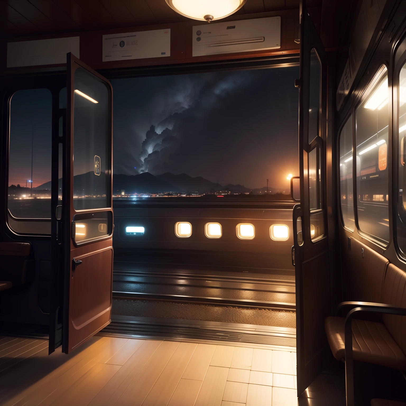 the wind, Arrival at the station, Car window and scenery,  The moment of departure, Comfortable interior, Night view illuminated, Traditional patterns, Fusion of advanced technologies, Progress into the future