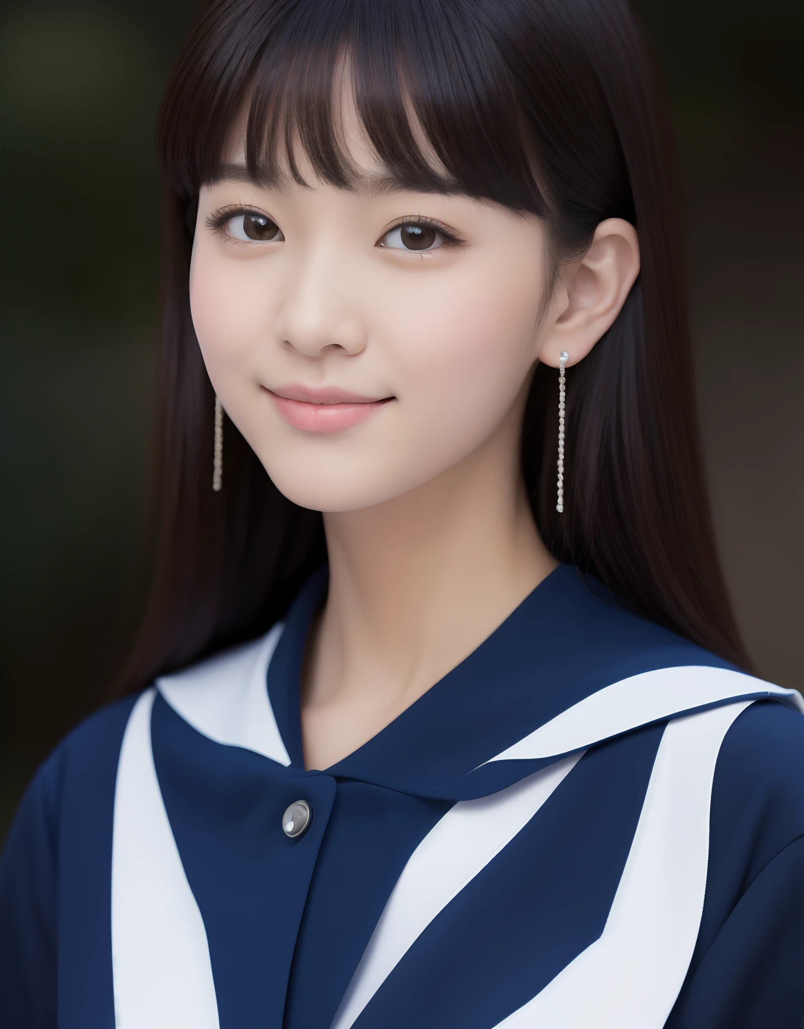 Portrait of cute Korean schoolgirl with bangs, Wearing a sailor suit and pearl stud earrings, huge size, (8K, Best Quality : 1.2), (masutepiece, Photorealistic : 1.3), Super Detail, Anatomically correct