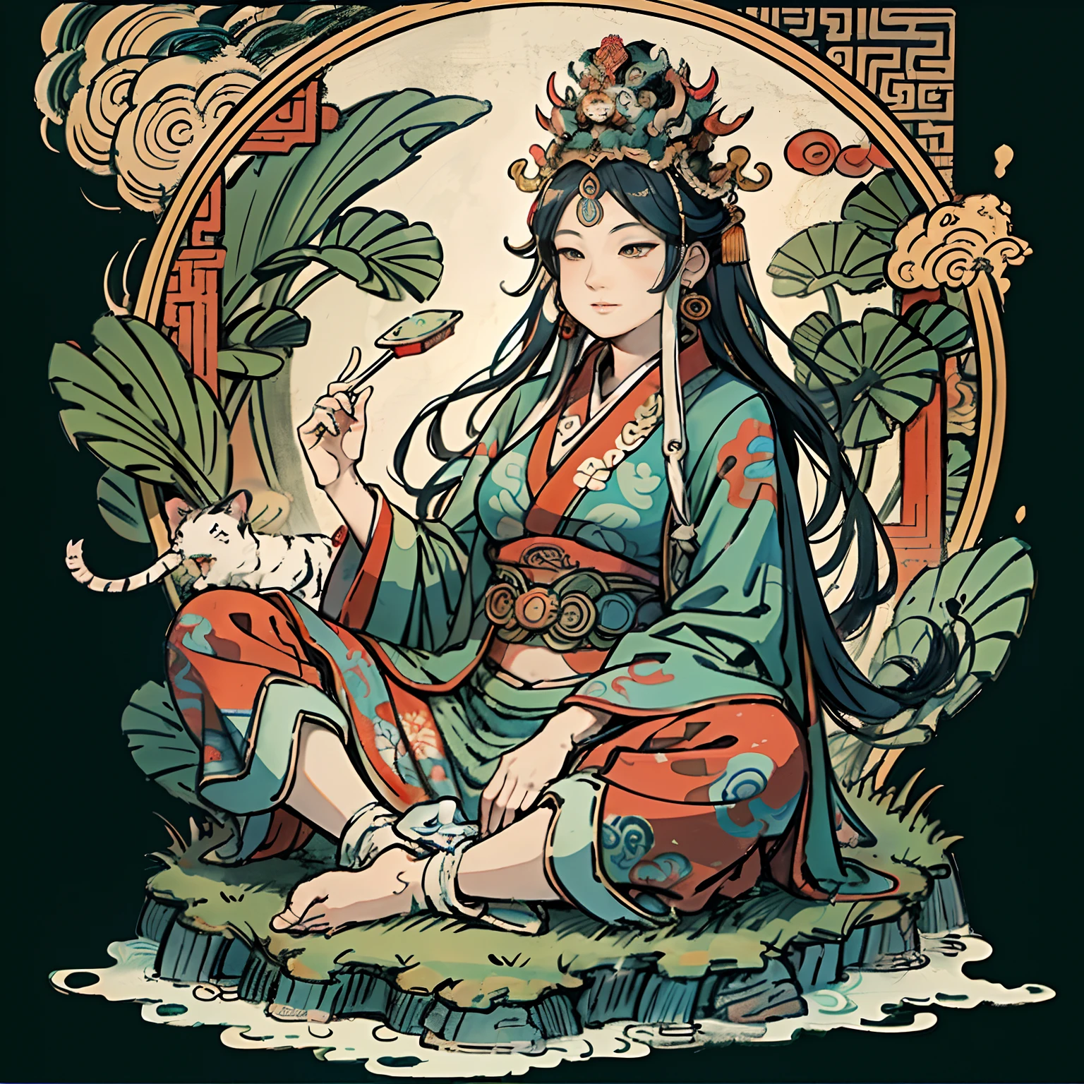 an ancient Chinese goddess, guanyin of the southern seas, Guanyin, Inspired by India, Avalokiteshvara rides a tiger,Serene expression,shui mo hua,Buddha,Buddhist,Lotus,Chinese painting style,Thangka style