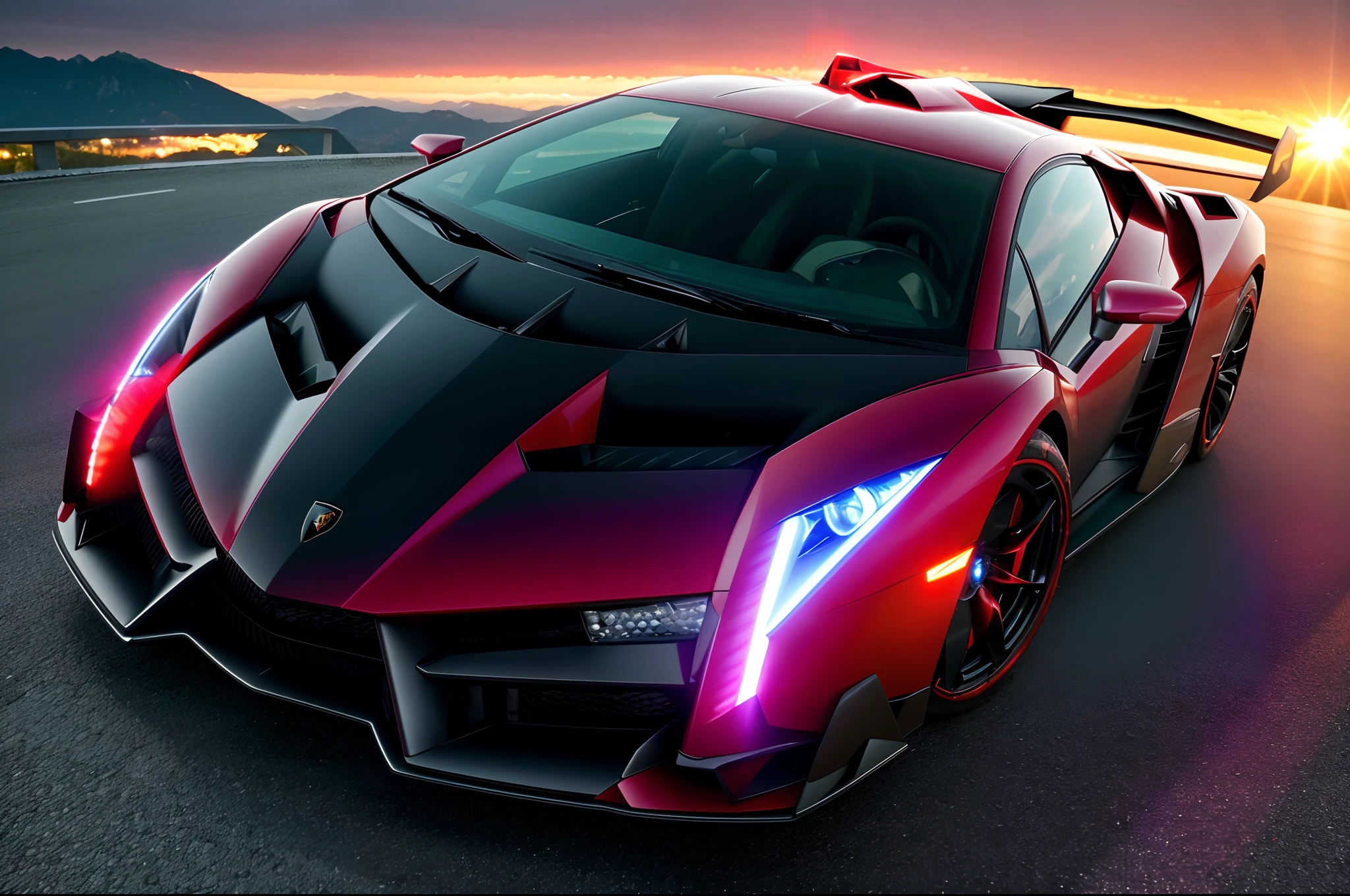 perfect masterpiece photo, very dynamic close shot of CAR:[lamborghini veneno]:1.5  [A car driving through a tunnel of mirrors, the reflections stretching off into infinity.] in place of A mountain pass with sharp hairpin turns and breathtaking scenery in the moment of Morning: The world begins to come to life as the sun rises higher in the sky. People start their day with a cup of coffee or tea, and the sounds of traffic and activity fill the air. The world is buzzing with energy and purpose. cinematic lighting of A bright, harsh spotlight shining on a stage in a theater., 8K, HQ, Highly detailed, ultra realistic, hyper-realistic with dominance of Saffron: A warm, black and red color that is vibrant and full of energy. photo is made with Sigma 35mm f/1.4 DG HSM Art - fast aperture prime lens for low light and shallow depth of field by greg rutkowski,  strange, intricate, showing details, sharpen image
