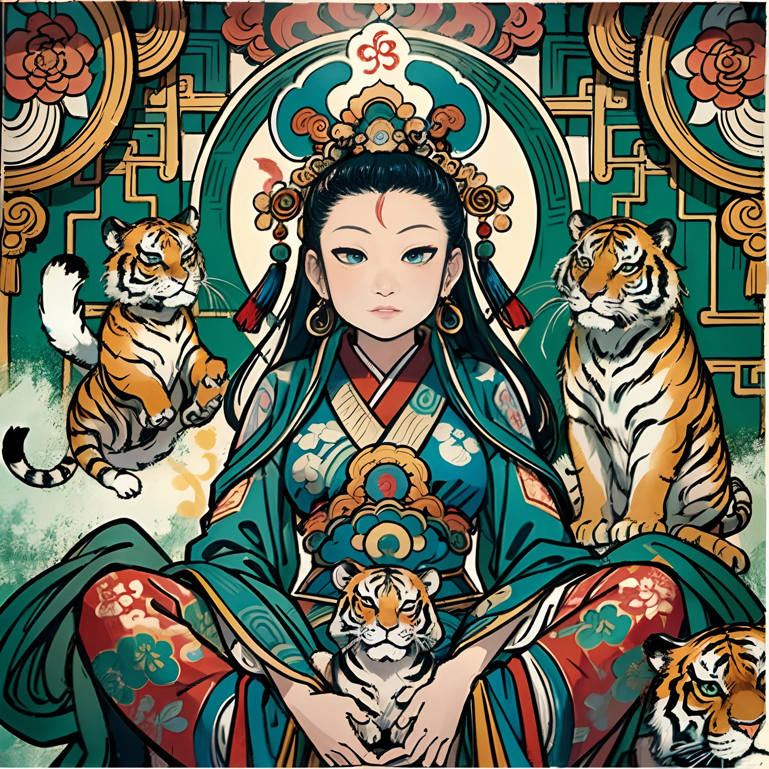 an ancient Chinese goddess, guanyin of the southern seas, Guanyin, Inspired by India, Avalokiteshvara rides a tiger,Serene expression,shui mo hua,Buddha,Buddhist,Lotus,Chinese painting style,Thangka style