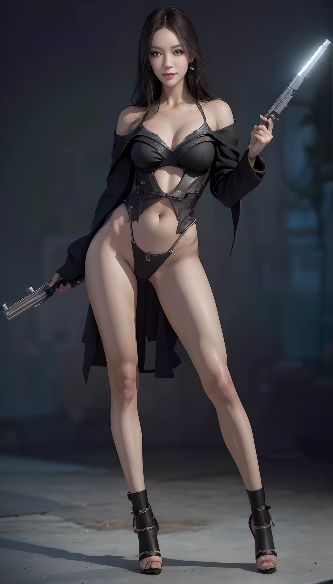 , super hot thin  cyberpunk girl in a super  holding a gun,  legs,  arms, high heels, full body, realistic, best quality, ultra high resolution, photorealistic, octane render, photorealistic face, 8K, masterpiece, realistic skin texture, cinematic lighting, beautiful eyes, perfect face, cute, standing