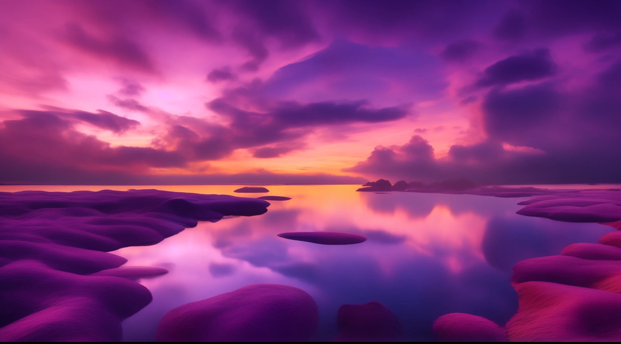 A vast world of deep purple，uni，Crystal clear crystal covered with purple，empty of people，Behind the purple clouds on the edge of the sky is a faint golden sunlight