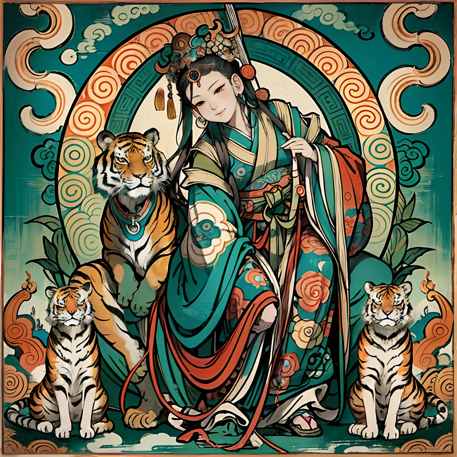an ancient Chinese goddess, guanyin of the southern seas, Guanyin, Inspired by India, Avalokiteshvara rides a tiger,Serene expression,shui mo hua,Buddha,Buddhist,Lotus,Chinese painting style,Thangka style