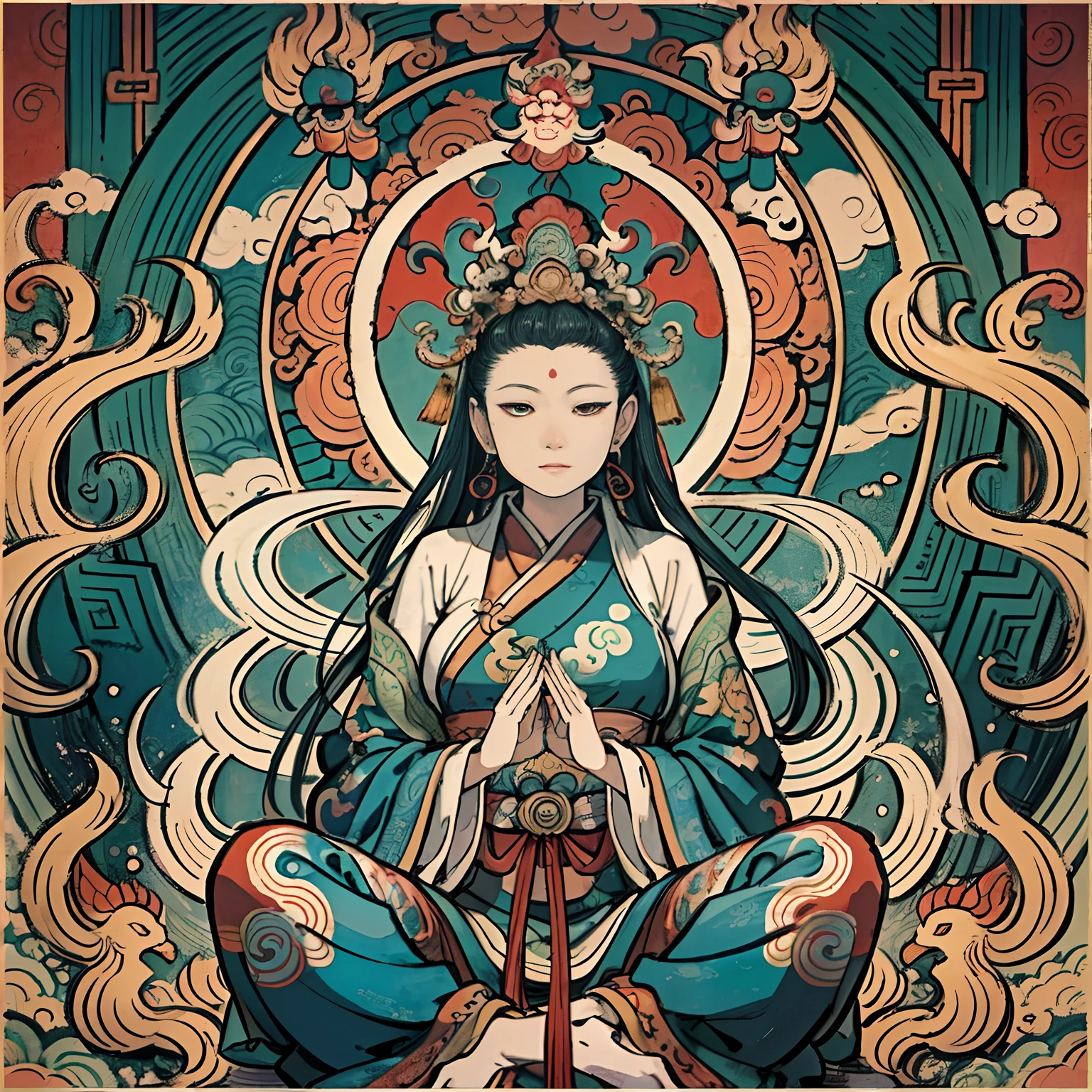 an ancient Chinese goddess, guanyin of the southern seas, Guanyin, Inspired by India, Avalokiteshvara rides a phoenix,,Serene expression,shui mo hua,Buddha,Buddhist,Lotus,Chinese painting style,Thangka style