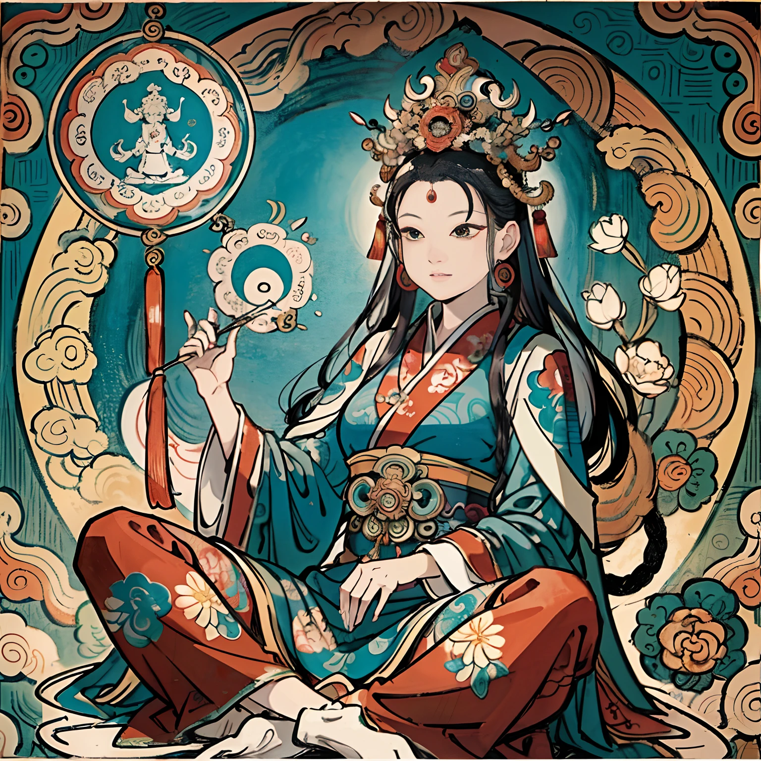 an ancient Chinese goddess, guanyin of the southern seas, Guanyin, Inspired by India, Avalokiteshvara rides a lion，,Serene expression,shui mo hua,Buddha,Buddhist,Lotus,Chinese painting style,Thangka style