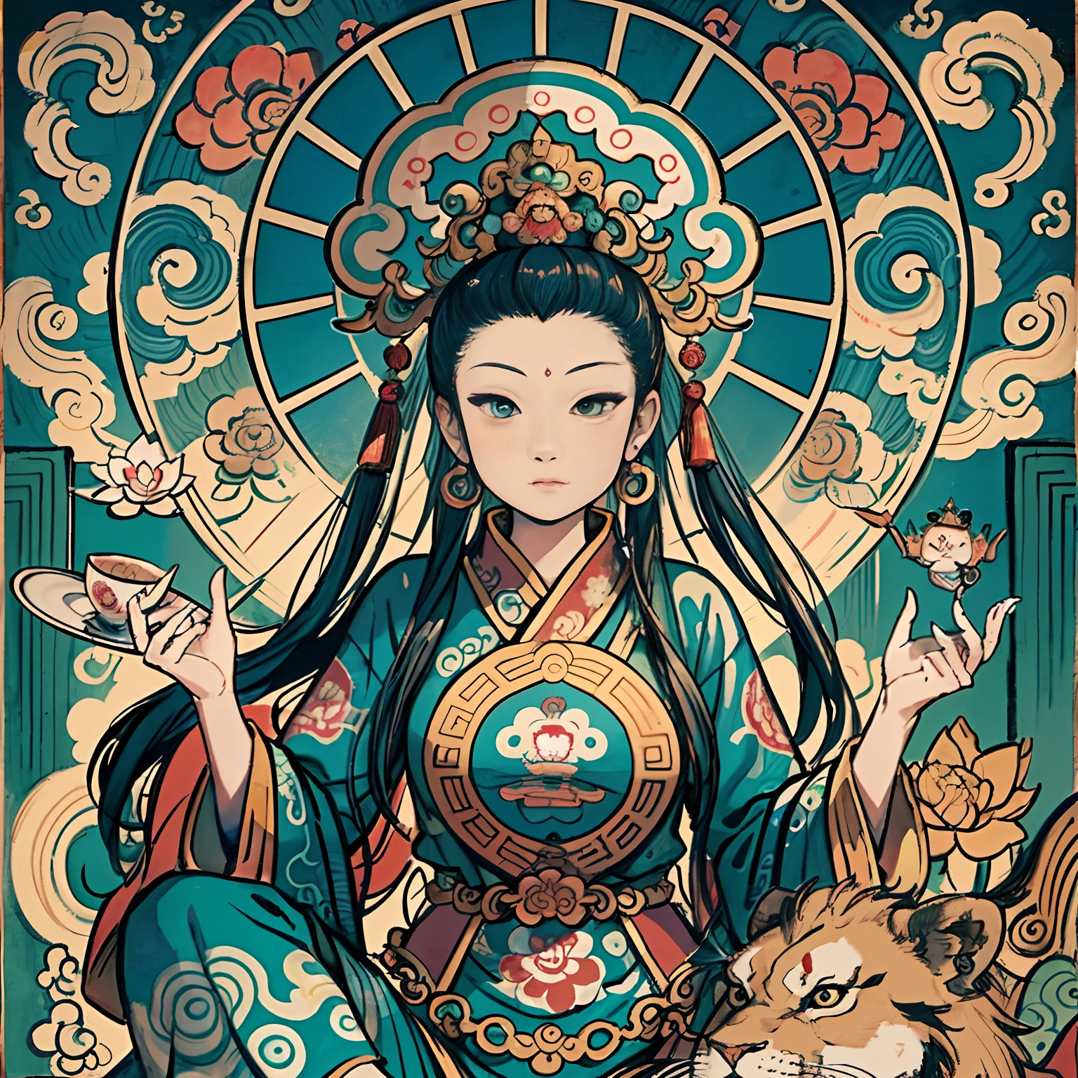 an ancient Chinese goddess, guanyin of the southern seas, Guanyin, Inspired by India, Avalokiteshvara rides a lion，,Serene expression,shui mo hua,Buddha,Buddhist,Lotus,Chinese painting style,Thangka style