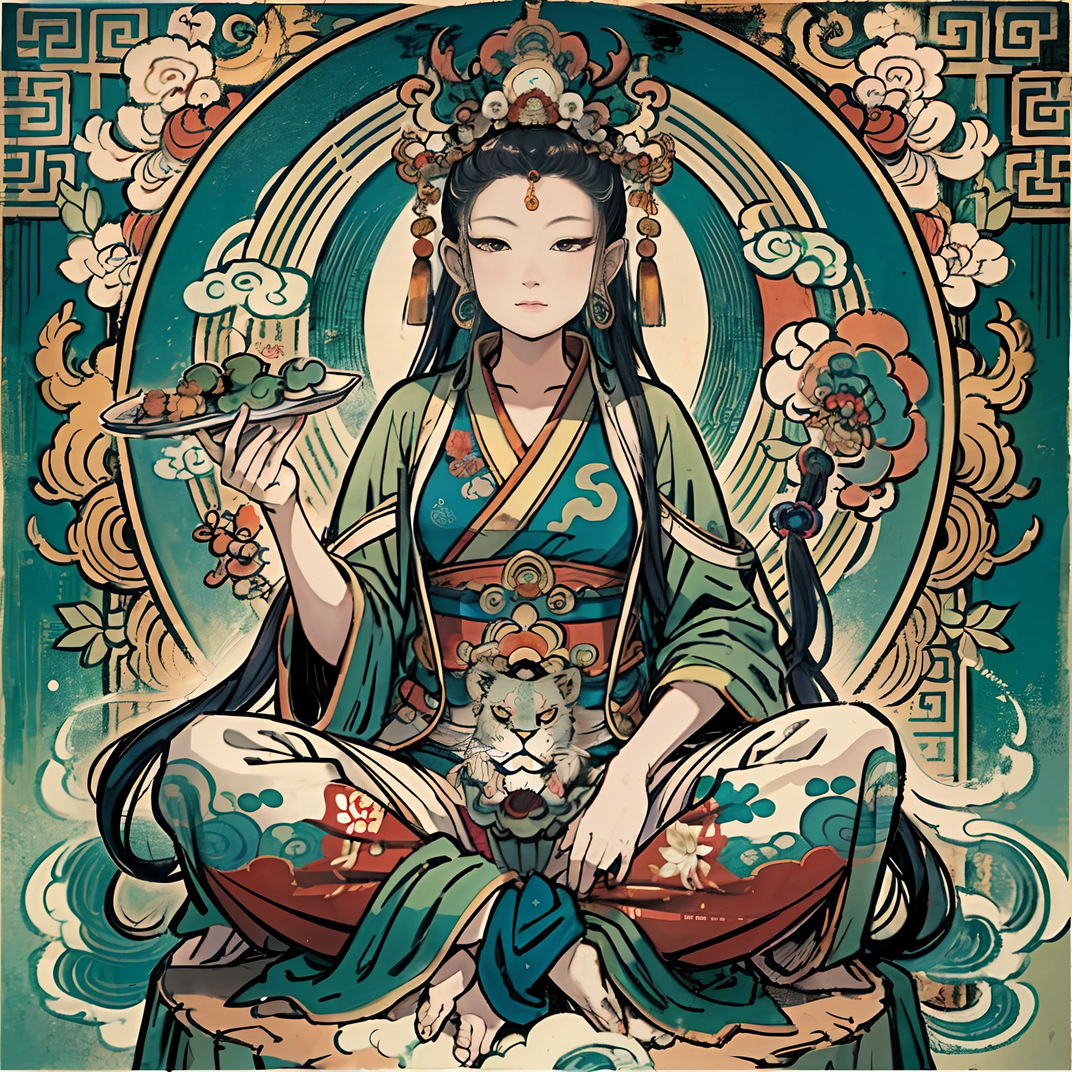 an ancient Chinese goddess, guanyin of the southern seas, Guanyin, Inspired by India, Avalokiteshvara rides a lion，,Serene expression,shui mo hua,Buddha,Buddhist,Lotus,Chinese painting style,Thangka style