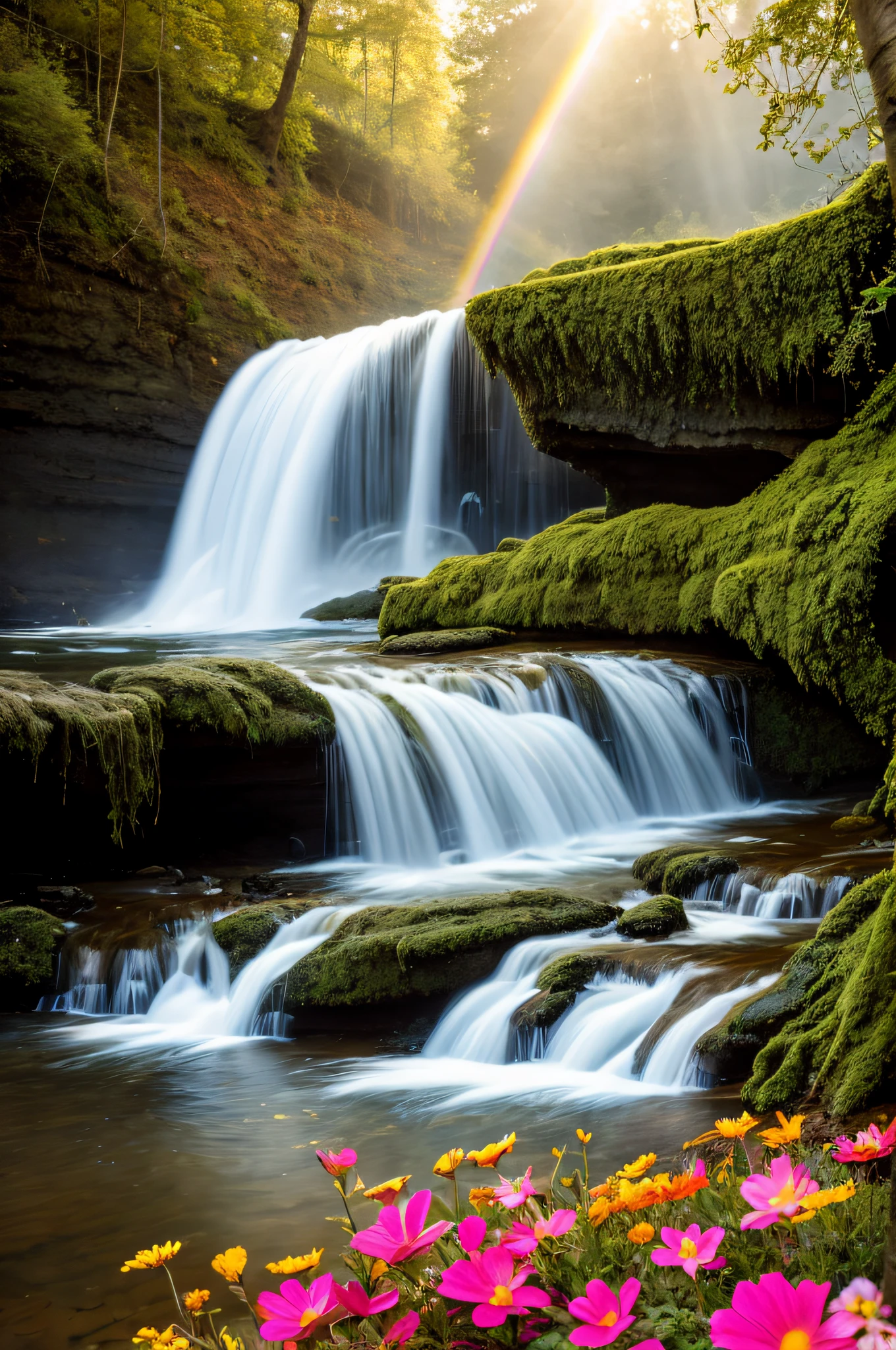 (Big waterfalls) butterflies, unicorn, fantasy, mermaids, forest, cliffs, wildflowers, fairies, hotsprings, Cinematic RAW photo, hyper real photo, ultrarealistic, 8k uhd, dslr, soft lighting, high quality, film grain, Fujifilm XT3, photographed on a Kodak Retina II Sanyo Xacti VPC-CA6, 50mm lens, Wide Angle, Sunrays shine upon it, HDR, hyper-realistic, colorgraded, volumetric lighting, [volumetric fog, moist], shallow depth of field, reflections, photo, deep water floating sparkling splashing rainbows, waves, flowing, glistening, iridescent, rainbow, glimmering, flowers, foam, wet, dripping, splashing, crystal jewels, treasure, steam, water, (masterpiece) (best quality) (detailed) (8k) (HDR) (wallpaper) (cinematic lighting) (sharp focus) (intricate)