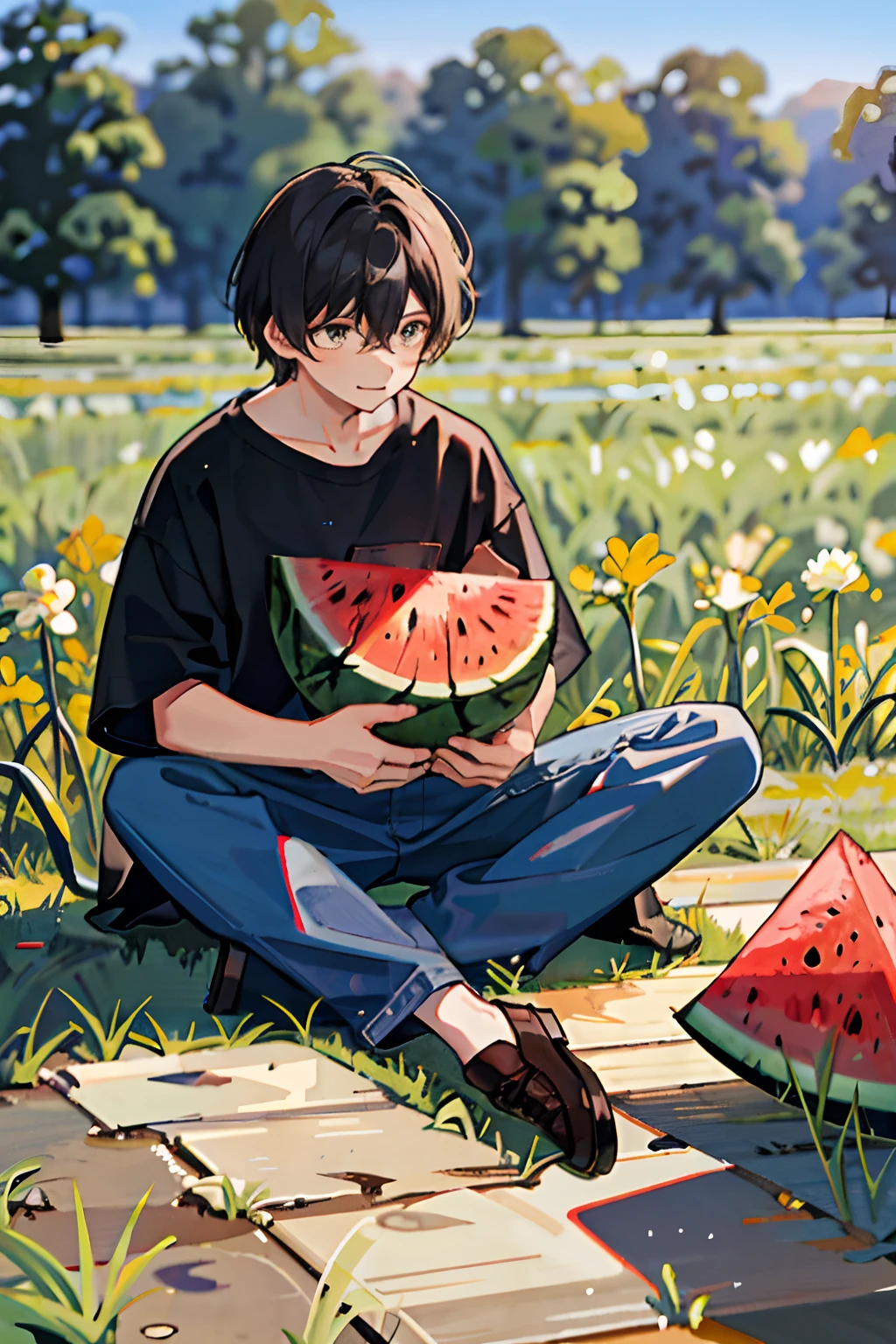 A boy sitting on the ground,Holding a watermelon,rejoice,laughingly,Behind it are fields,quadratic element,cartoony