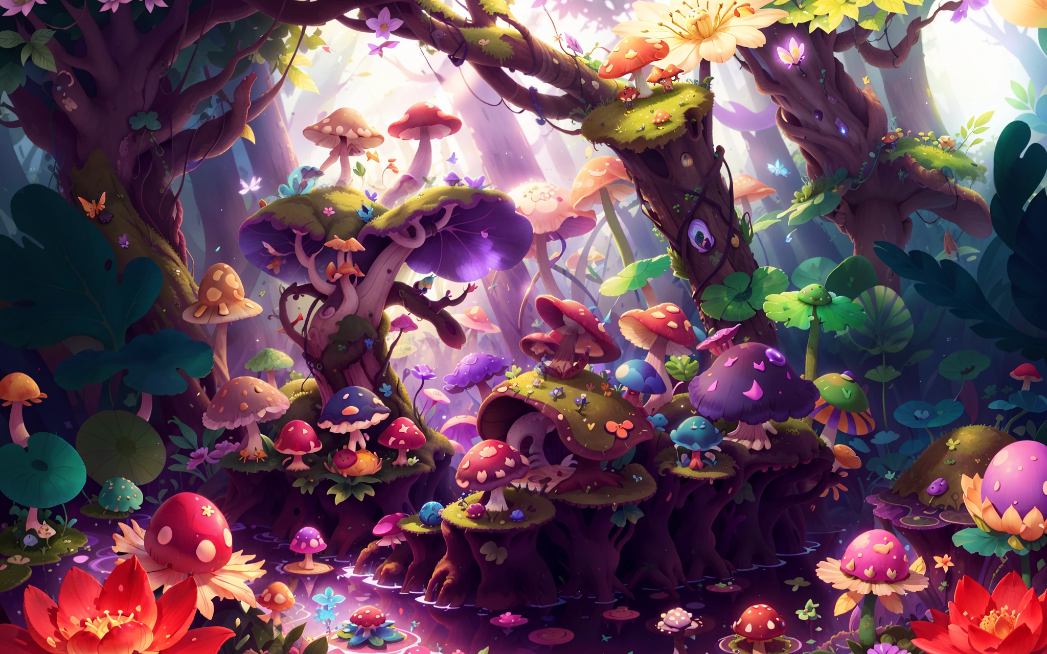 Mushroom forest with glass goblet，s fractal art，morning glory，butterflys，lotuses，four-leaf clover，frogs，snail，，Cyber Mushroom Forest，Ultra-detailed digital fantasy art。Mushrooms are everywhere in the picture，The unique mushroom shape creates a magical casa scene