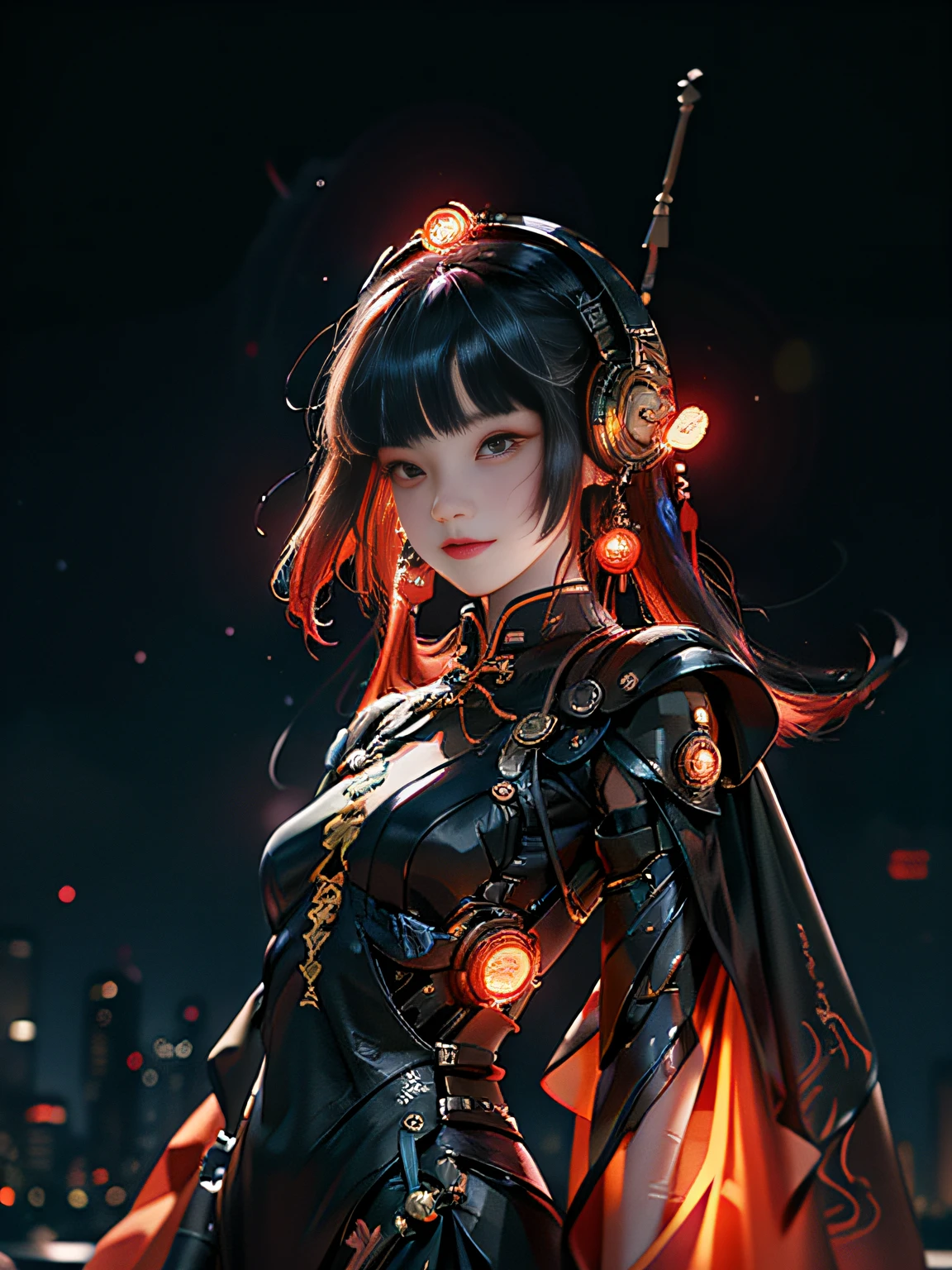 1 rapariga, Chinese_wuxia outfit, Metallic black, Titanium and red, Cyberhanfu, on cheongsam, Cyberpunk-city, dynamicposes,Lightsaber in hand,Details illuminated headphones, luminous hair ornaments, long whitr hair, Luminous earrings,Glowing necklace,cyber punk perssonage, a high-tech city, full of machinery and futuristic element, afofuturism,luminous neon lights,Fluorescent red,Red skirt,Cloak,Manteau,laser,large moon,Best quality at best,tmasterpiece,8K,Character edge light,hyper-high detail,high qulity,The most beautiful woman in man,Slight smile,The face is symmetrical to the left and right facing the front,Ear decoration,beautiful pupil,Light effects,visual data,Picking and dyeing oranges,Dye hair,Ultra-detailed facial texture,cheerfulness,Weapons systems,in mecha style,The streets are crowded with passers-by,7 doppelgangers into the camera,Super light and shadow,a variety of poses,Long flowing hair