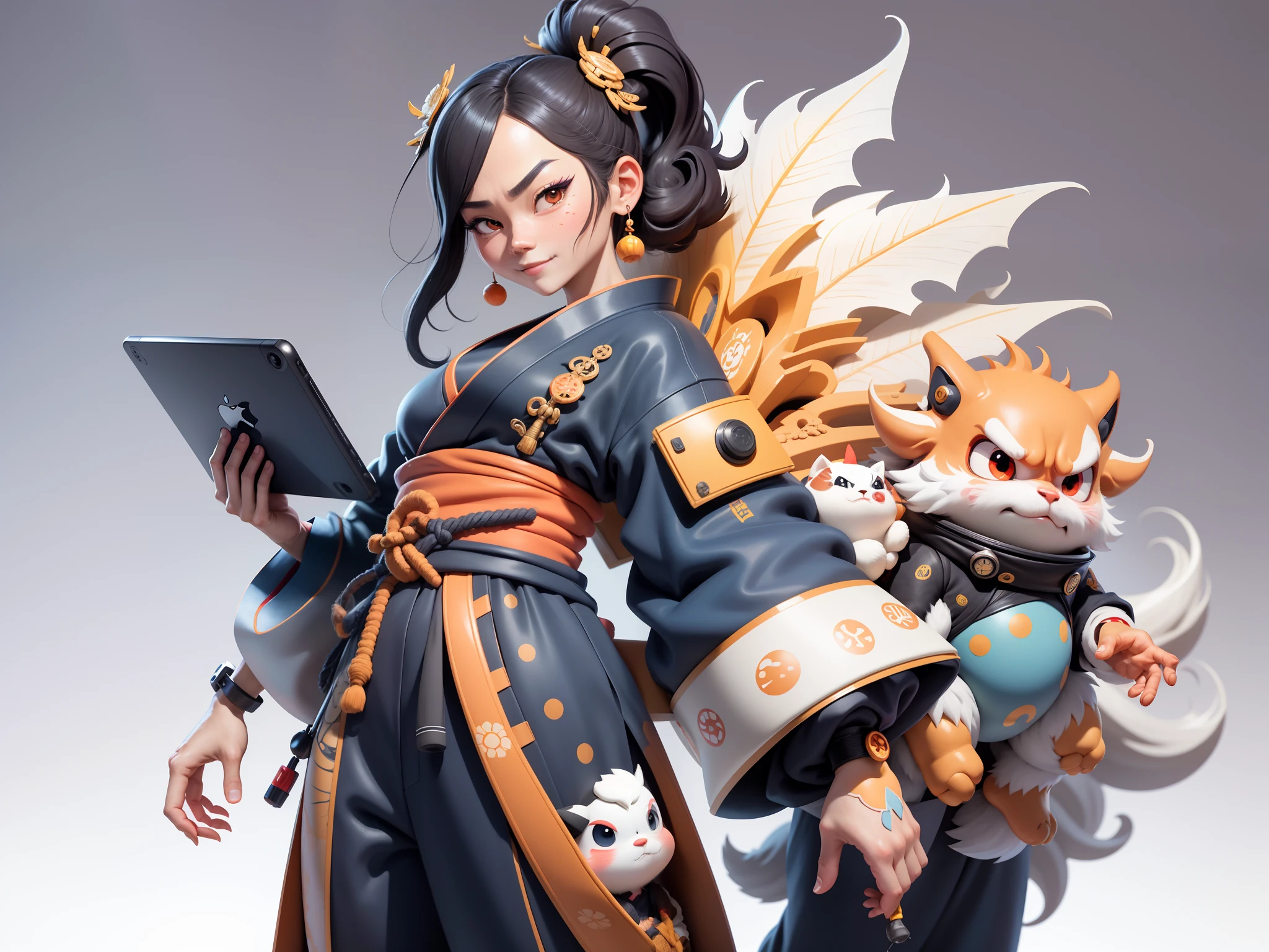 (Daisaku),(Need),(Super meticulous),(full bodyesbian:1.2),Japanese ukiyo-e girl,japanese geisha,Beautiful,Oriental dragon,Aeolian Thor,Raised sexy,爆乳,Oriental face,TV Anchor,Bust portrait illustration,Alone,In black suit,a blue tie,The face is slightly chubby,The face was clean,without a beard,Black super short hair,Black eyes,Smile confidently,3C computer sub-products,iPad, iphone,Digital painting,3D character design by Mark Clairen and Pixar and Hayao Miyazaki and Akira Toriyama,The illustration is a high-definition illustration in 4K resolution,With very detailed facial features and cartoon-style visuals。