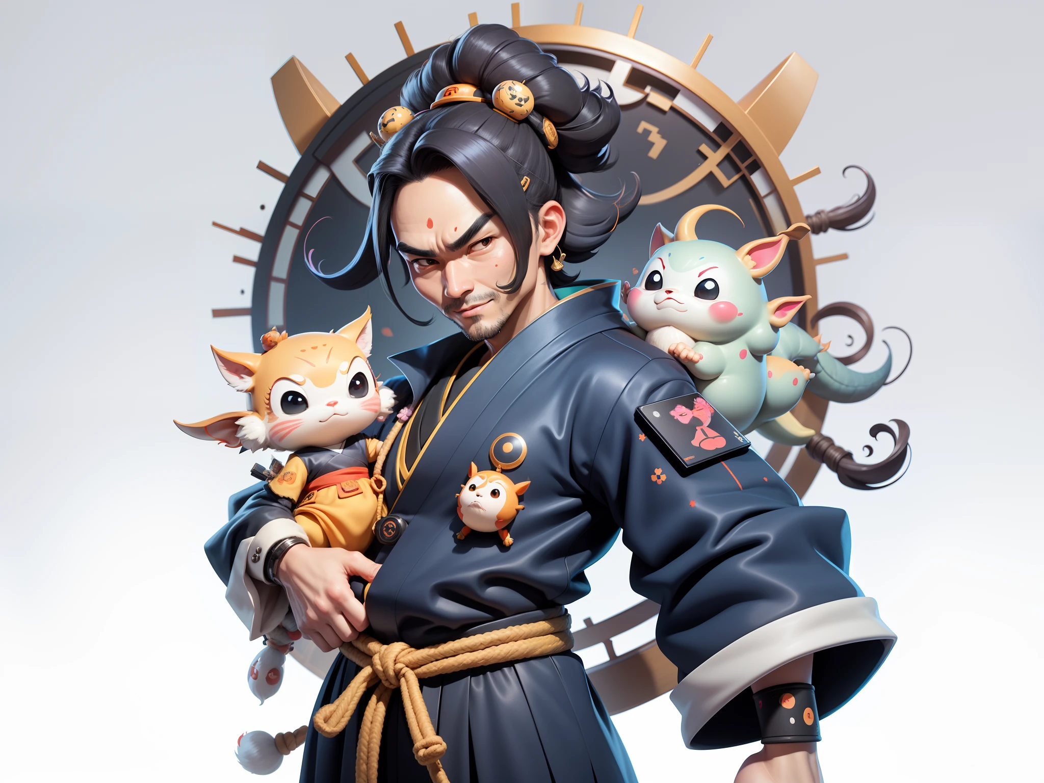 (Daisaku),(Need),(Super meticulous),(full bodyesbian:1.2),Japanese ukiyo-e girl，japanese geisha，Beautiful，Oriental dragon，Aeolian Thor，Raised sexy，爆乳，Oriental face，TV Anchor，Bust portrait illustration，Alone，In black suit，a blue tie，The face is slightly chubby，The face was clean，without a beard，Black super short hair，Black eyes，Smile confidently，3C computer sub-products，iPad， iphone，Digital painting，3D character design by Mark Clairen and Pixar and Hayao Miyazaki and Akira Toriyama，The illustration is a high-definition illustration in 4K resolution，With very detailed facial features and cartoon-style visuals。