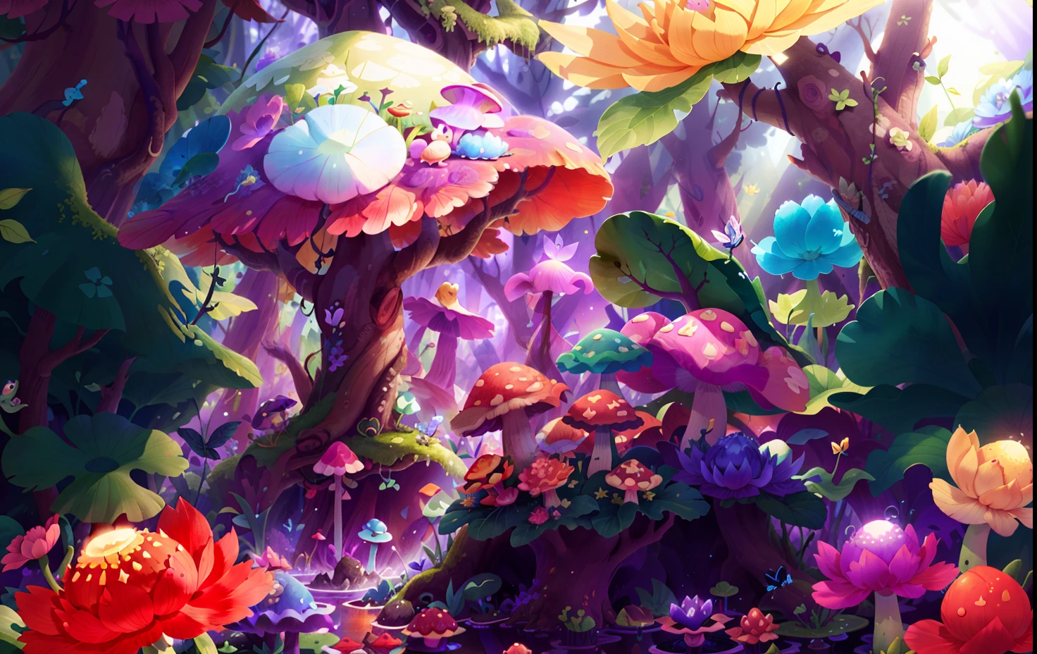 Mushroom forest with glass goblet,s fractal art,morning glory,rosette,SakuraNS,butterflys,lotuses,four-leaf clover,chrysanthemums,big trees,frogs,snail,Cyber Mushroom Forest,Ultra-detailed digital fantasy art。Mushrooms are everywhere in the picture,The unique mushroom shape creates a magical casa scene