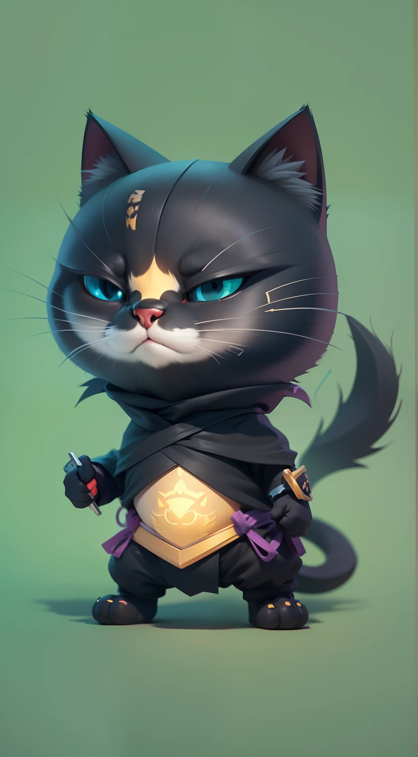 Create a vibrant dark fantasy cute ninja cat in a clean-lined minimalistic cartoon style, octane render, 8k
