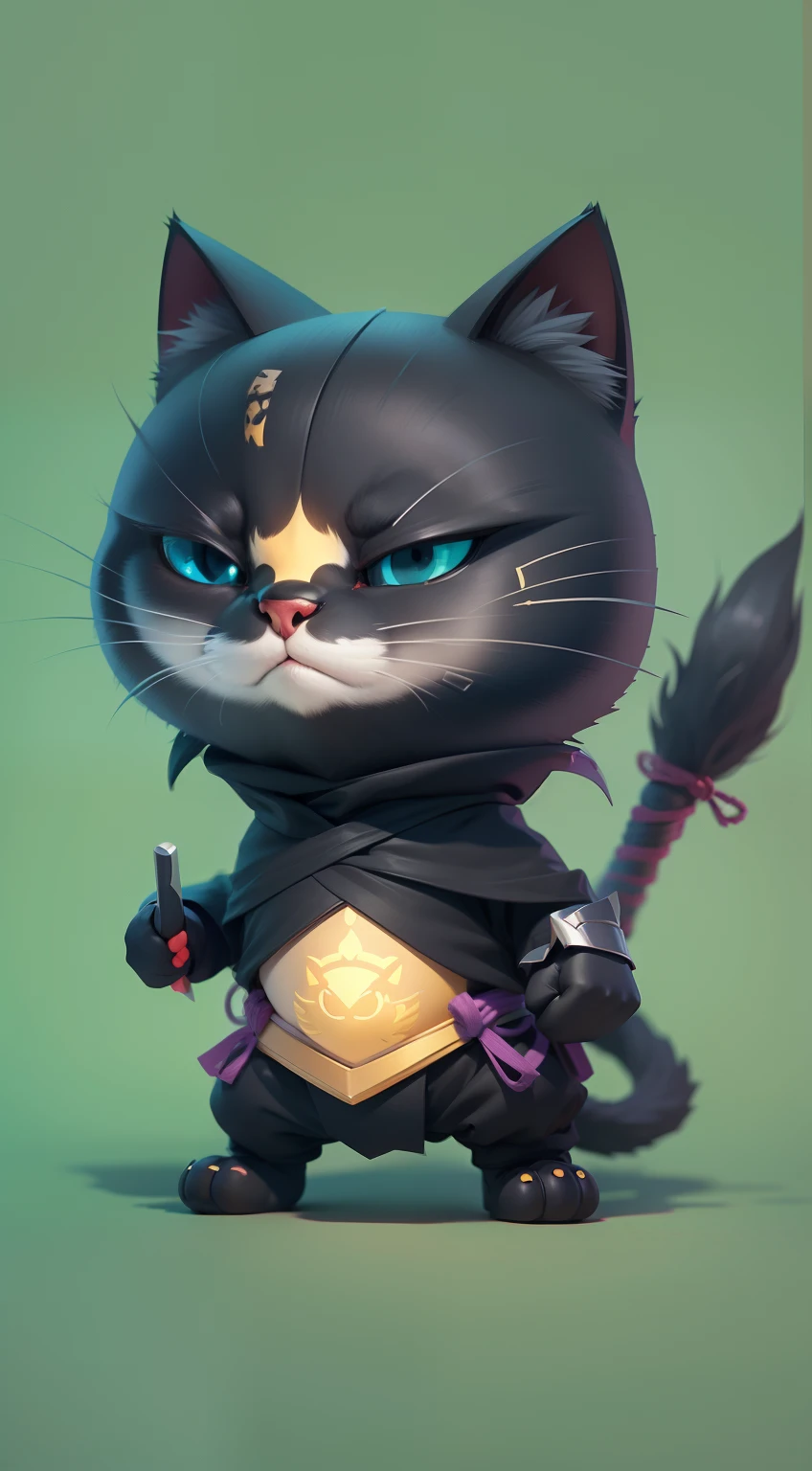 Create a vibrant dark fantasy cute ninja cat in a clean-lined minimalistic cartoon style, octane render, 8k