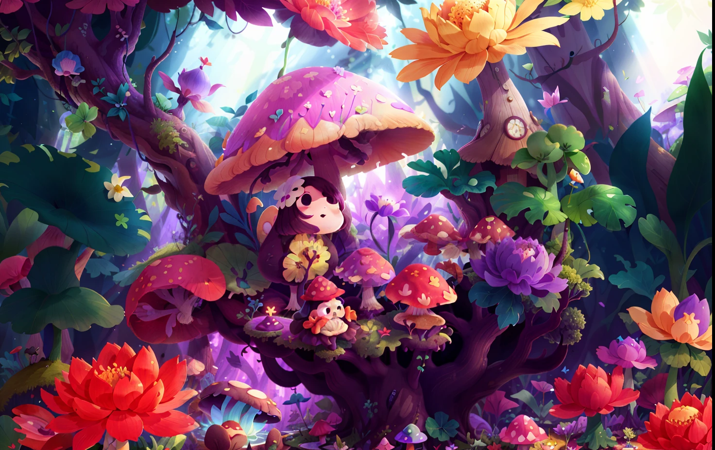 Mushroom forest with glass goblet，s fractal art，morning glory，rosette，SakuraNS，butterflys，lotuses，four-leaf clover，chrysanthemums，big trees，frogs，snail，Cyber Mushroom Forest，Ultra-detailed digital fantasy art。Mushrooms are everywhere in the picture，The unique mushroom shape creates a magical casa scene