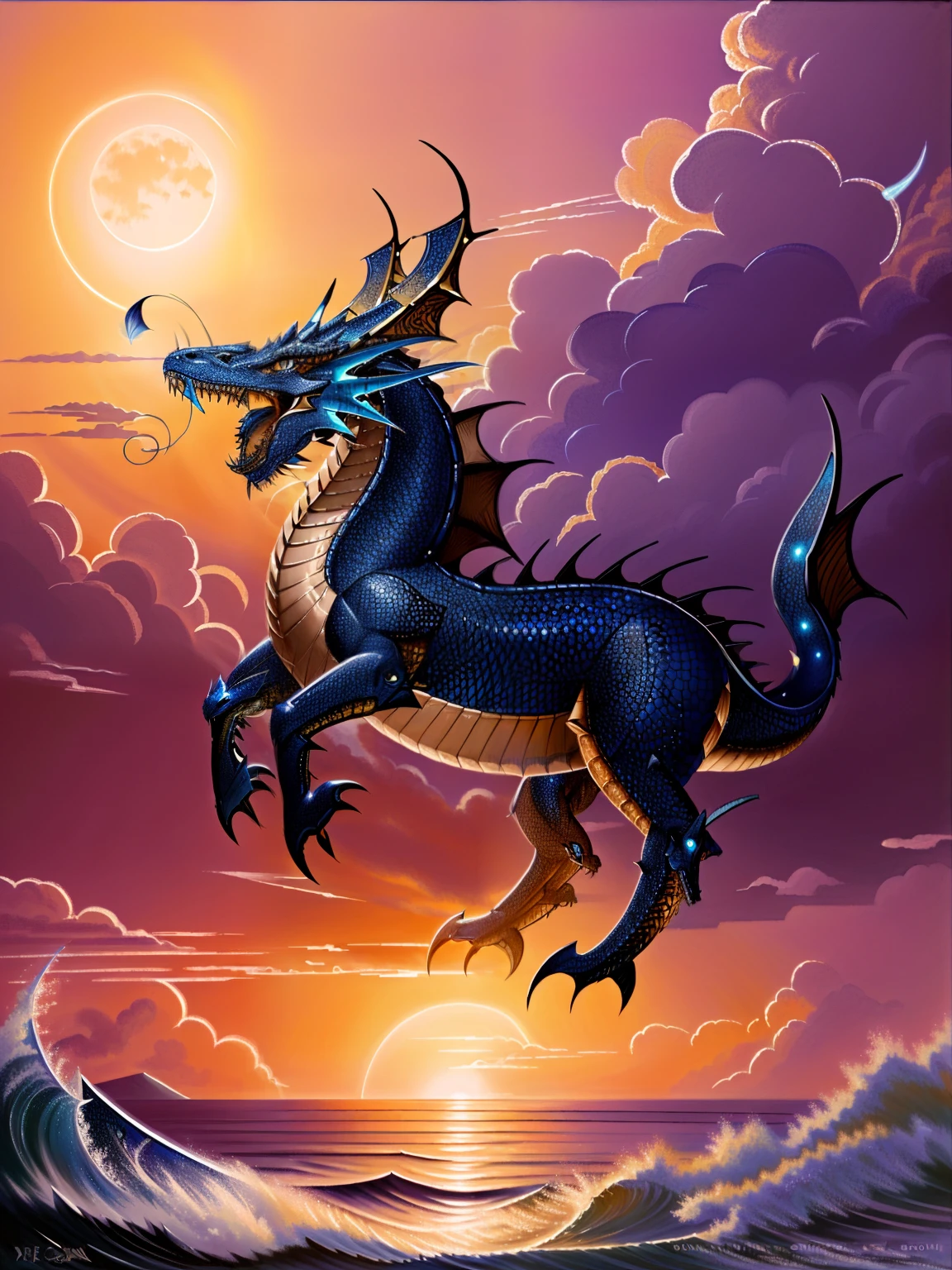 Painting of dragons flying over the ocean at sunset, Sea Dragon, blue dragon, dragon art, storm dragon, epic dragon, Sea snake, water dragon, Oil painting of a dragon, Flying Dragon, Concept Art | Rhinoceros, anthro dragon art, anthropomorphic dragon, dragon flying in the sky, dragon flying in the sky, legendary dragon, Dragon in the Sky