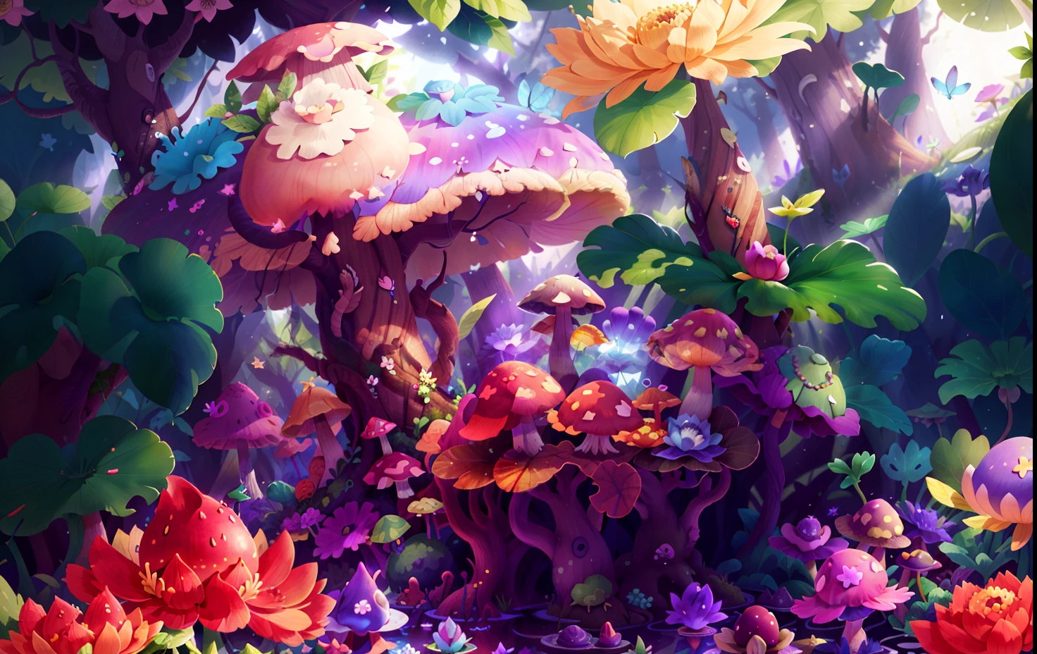 Mushroom forest with glass goblet，s fractal art，morning glory，rosette，SakuraNS，butterflys，lotuses，four-leaf clover，chrysanthemums，big trees，frogs，snail，Cyber Mushroom Forest，Ultra-detailed digital fantasy art。Mushrooms are everywhere in the picture，The unique mushroom shape creates a magical casa scene