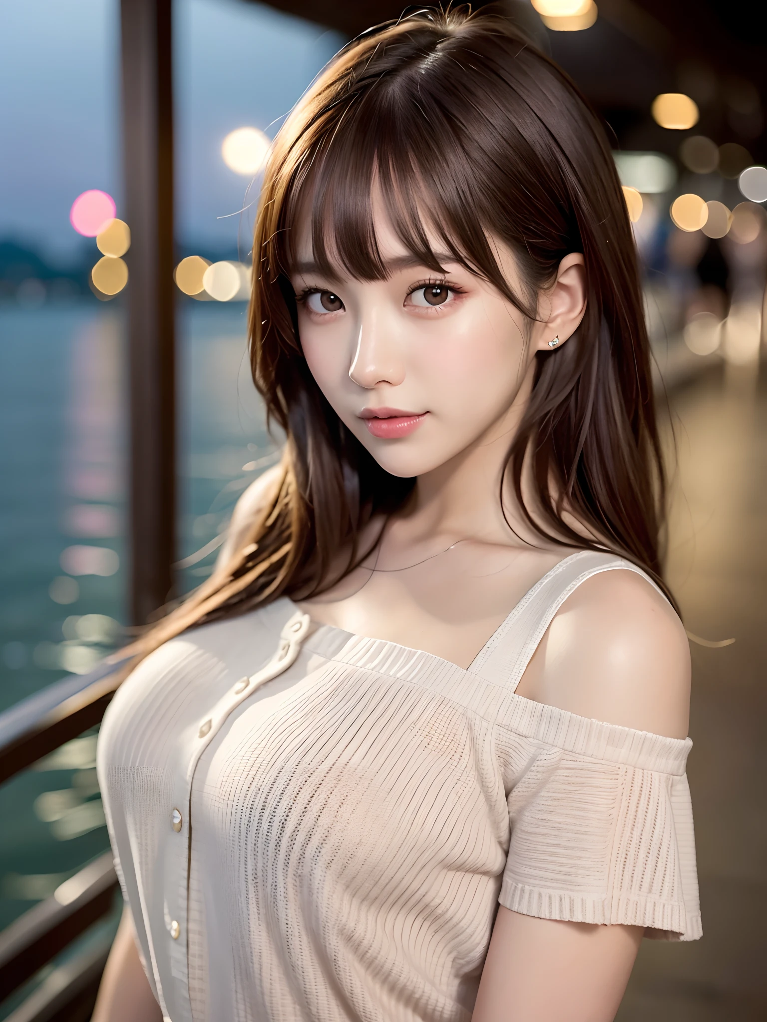 product quality, 1 girl per 1 photo, upper body shot, front view, a Japanese young pretty girl, long bob hair, wearing a marriage ring, night time, wearing a short sleeves collared pink blouse, wearing light brown pants, standing at a crowded wharf with a big smile, staring at the night view over the sea, a shoulder bag, hyper cute face, glossy lips, double eyelids for both eyes, natural makeup, shiny smooth light brown hair of long bob hair, asymmetrical bangs, tanned skin, central image, 8K resolution, high detail, detailed hairstyle, detailed face, cinematic lighting, octane rendering, hyper realistic, perfect limbs, perfect anatomy