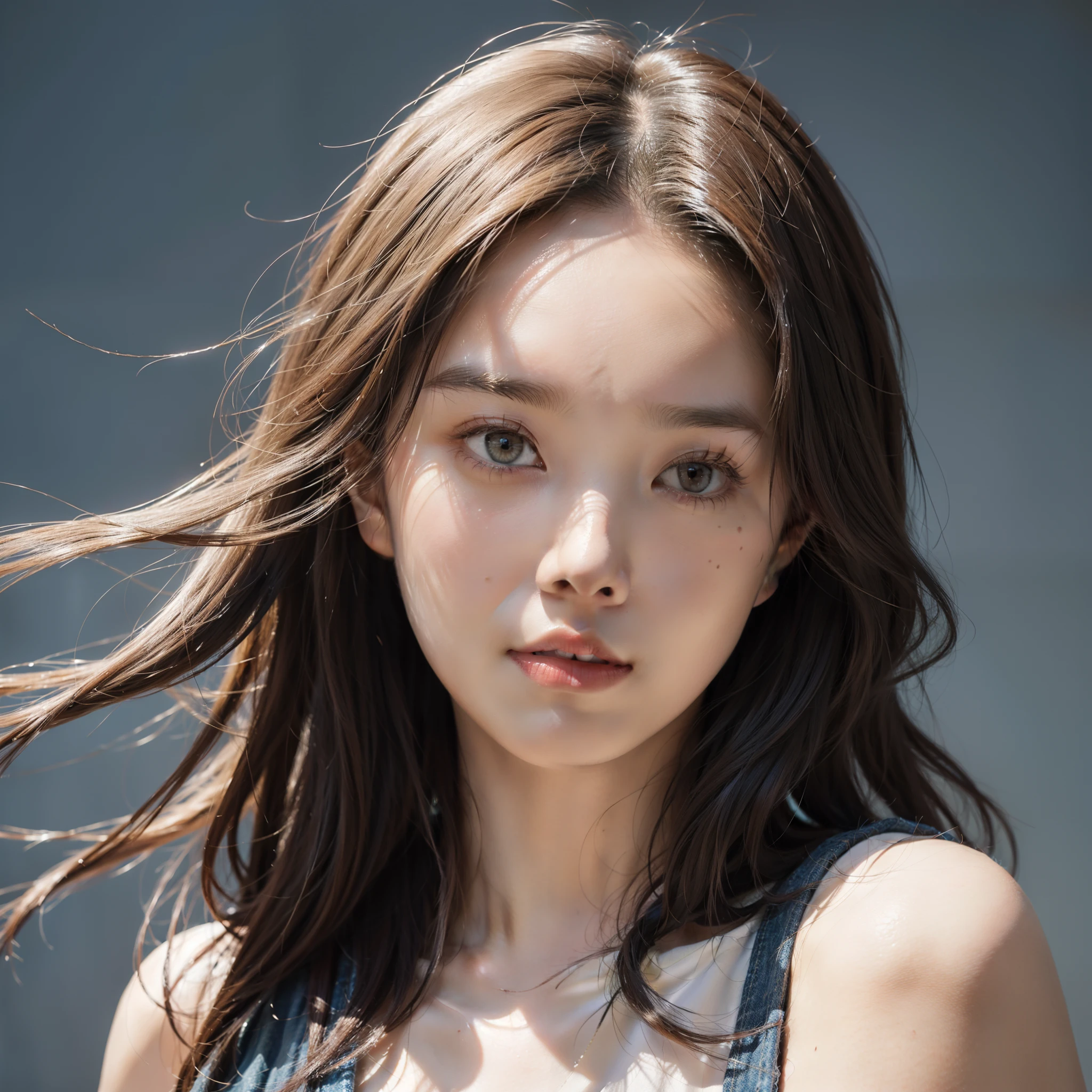 high qulity，Award-Awarded，Fantasyart，photographrealistic，动态照明，artstation，poster for，Volumetriclighting，Very detailed faces，4 k，1a girl，in the darkness nigth，deep shading，tear-mole，low tune，Low-cut clothing，Extra-short jeans，long whitr hair,the rule of thirds，closeup cleavage，Upper body photo，minimal style，Minimalist background，