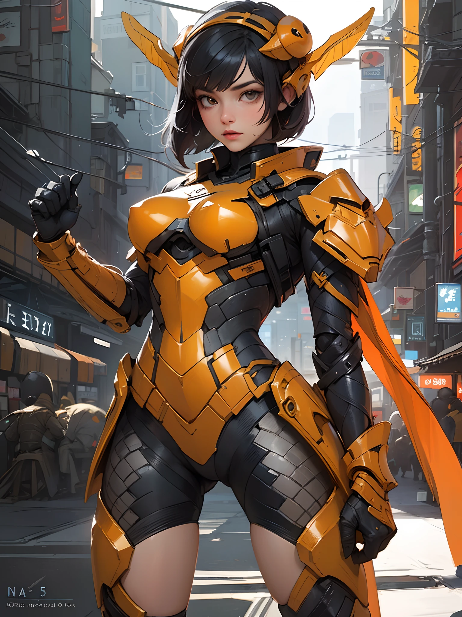 (Artwork of exceptional craftsmanship),(Detailed illustrations,(Very ideal anatomy),Very detailed and detailed drawing,Delicate lines with slow and rapid,(Realistic texture expression)),[Color tressed main line],[Shinjuku background at night],(HENTAI ANIME) (JapaneseNINJAGirl (Beautiful fece)  student) petite and muscular [Slim body] Short Bob Cut,([hornet] Orange Ninja Battle Armor) scarf [stall] ((Fitting rubber inner) [honeycomb] [edg]) hair adornments (Dull metallic luster:0.8),gravure [KUNOICHI],(Perfectly proportioned),(Fine and beautiful skin expression [realistic skin detail]),[Design built to the highest level,[Advanced structural understanding of materials],Ideal color coordination],(Intricate and beautiful decoration [Dense detail]),(More on shiny hair),[Perfect hand details [Beautiful Finger]],(Beautiful perfect face [Realistic face details]),[Clear gaze],[long and beautiful eyelashes],[Perfect eye details (Eyes beautifully drawn down to the smallest detail)],(detaileds,high-detail),([Precision Detail],[multi-layer texture],HighQuality,hight resolution),[(Accurate simulation of light-material interactions),Understanding Airflow,Mechanically correct representation],[Visual art that conveys a sense of narrative] [Full body like],[[Desaturation]].