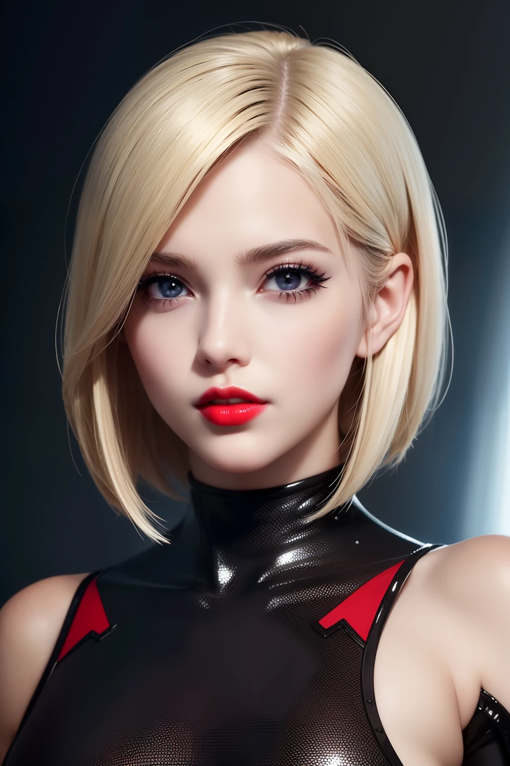 Portrait ((front face)) of anime beauty blonde girl (short Bob realistic hair), perfect face, realistic skin ((((high detailed skin)))), red lips, in realistic black & white combat body plugsuit, ((beauty realistic anime eyes )), 4K, Full UHD