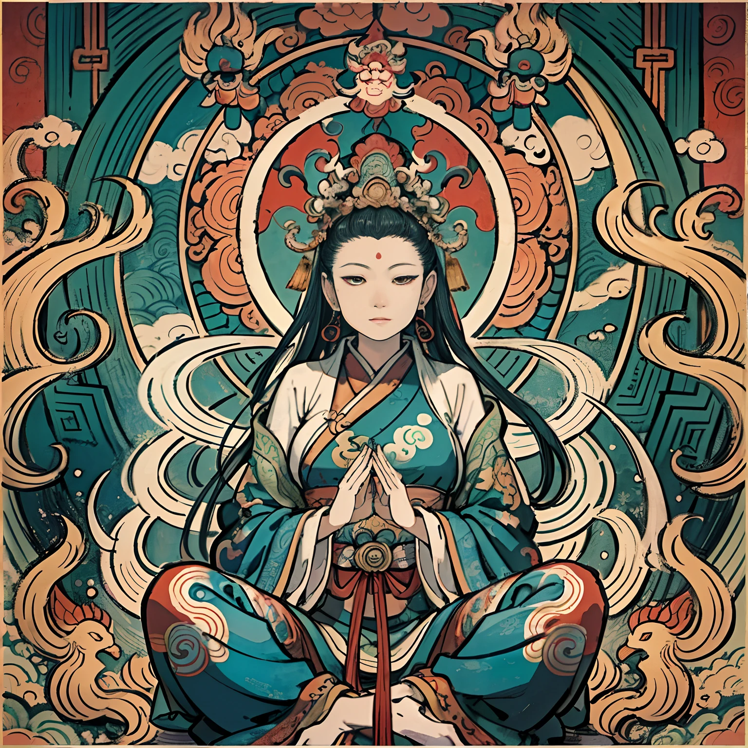an ancient Chinese goddess, guanyin of the southern seas, Guanyin, Inspired by India, Avalokiteshvara rides a phoenix,,Serene expression,shui mo hua,Buddha,Buddhist,Lotus,Chinese painting style,Thangka style