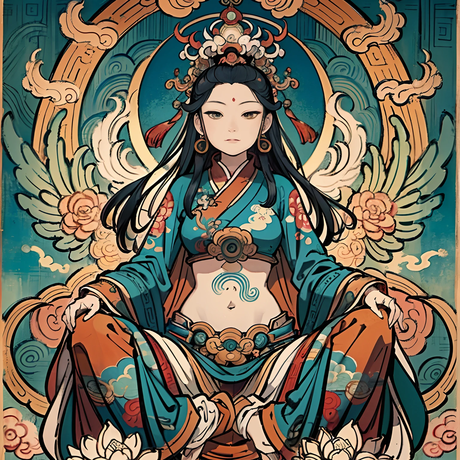 an ancient Chinese goddess, guanyin of the southern seas, Guanyin, Inspired by India, Avalokiteshvara rides a phoenix，,Serene expression,shui mo hua,Buddha,Buddhist,Lotus,Chinese painting style,Thangka style