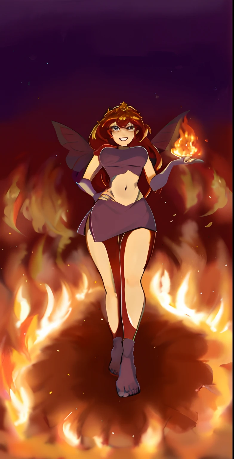 Cartoon picture of a woman in a bikini and a bonfire, fire!! full - body, she has fire powers, appears as the fire goddess, Butterfly Goddess of Fire, hot fire goddess, Goddess of Fire, wearing tumultus flames, Queen of Fire, Goddess of Fire, Goddess of Fire, Starfire, Fire spell, because